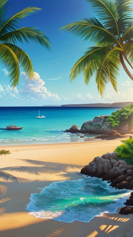 A tranquil seaside landscape, sun-drenched ocean, golden sand beach, beautiful detailed clouds, serene atmosphere, oil painting, lush tropical foliage, warm inviting light, soft pastel colors, enchanting dream-like quality, ultra-detailed, (best quality,4k,8k,highres,masterpiece:1.2),ultra-detailed,(realistic,photorealistic,photo-realistic:1.37),landscape,seascape,seascape painting,tropical paradise,idyllic beach scene,cinematic lighting,vibrant colors,stunning realism