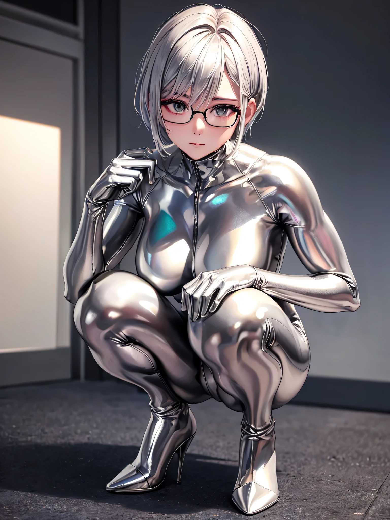 Highest quality 8K UHD、Mastepiece、Close-up、short hair、Squatting with legs apart、Muscular、Silver Hair、Glasses、Shiny silver tights、A beautiful woman wearing a full-body silver metallic suit、Full body silver metallic rubber suit