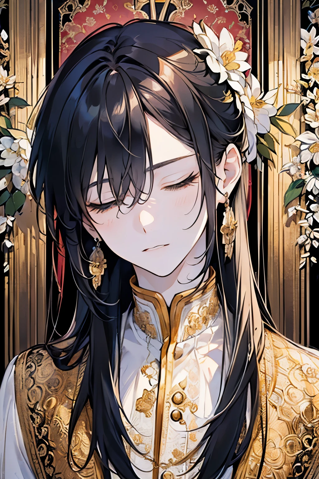 ((ars old man:1.3)), masterpiece, best quality,black hair, (half up and half down hair:1.1),(portrait),white dress,(pop and cute flower pattern background), (perfect hands),(,yellow,white),looking front,((Large and gorgeous earrings:1.1)),(With eyes closed, waiting for a kiss:1.35),((upper body)),((A room with luxurious antique furniture:1.2))