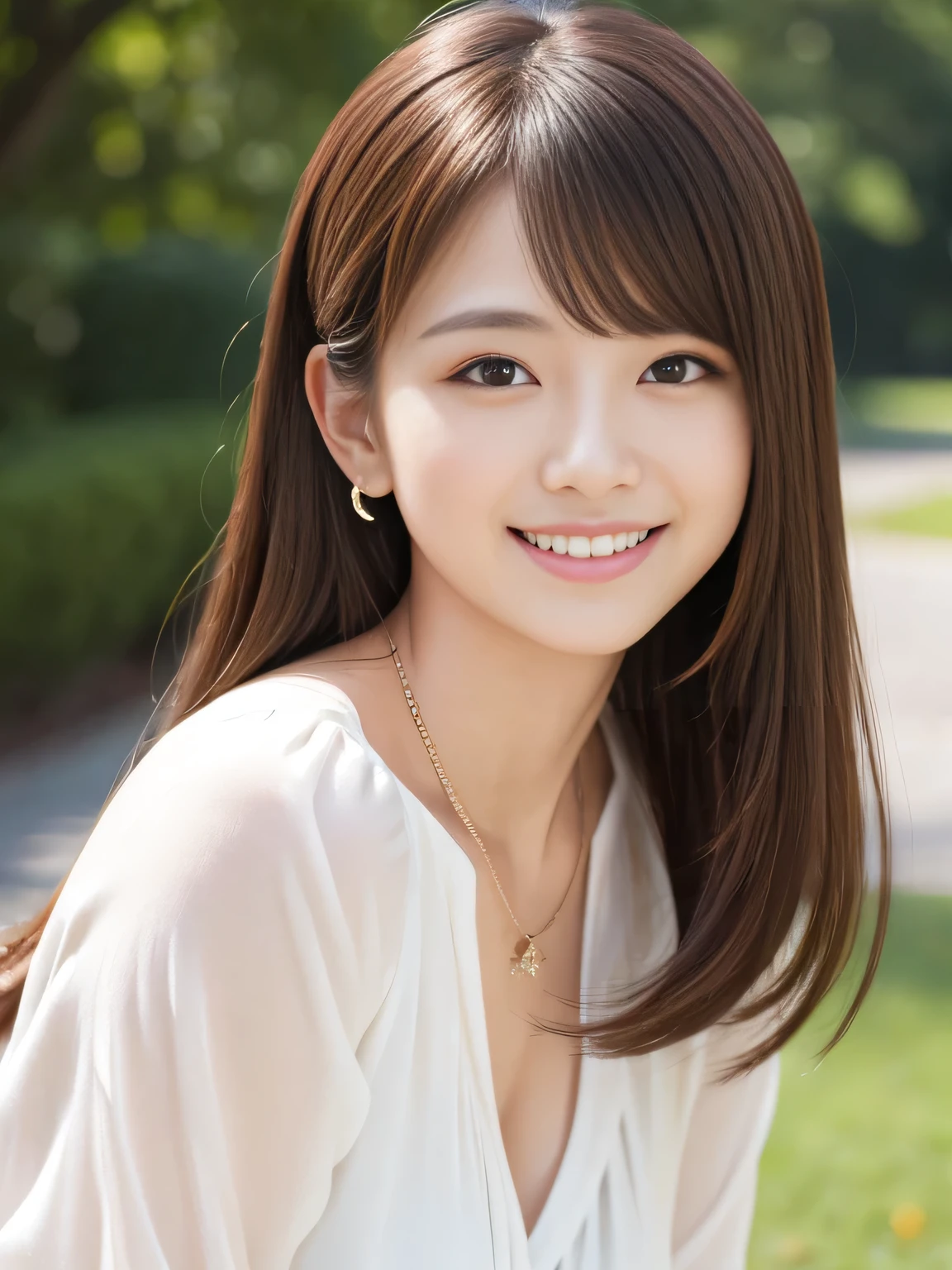 Ultra-high resolution, Superior Quality, highest quality, Very detailed, Realistic, 8k, RAW Photos, highest quality, masterpiece, Attractive girl, Awesome girl, Light brown hair、 Hairstyle bun、 Japanese Idols, blouse,smile、Beautiful teeth alignment、Ear piercing、Necklace around the neck、Random cute poses
