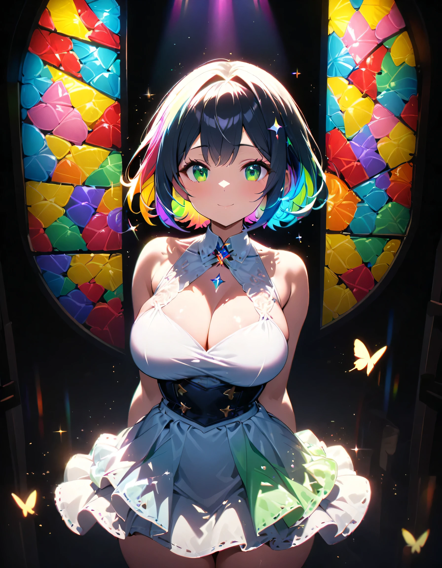 One girl, masterpiece, Very detailed, ((Cinema Lighting)), (Shine), ((Dramatic lighting)), ((Beautiful sparkle)), Super Detail, Lens flare, Multicolored Hair, Rainbow Hair, Short Bob, Colorful dresses, Butterfly hair accessory, butterfly, (Particles of light), Big Breasts, [Curvy], Cowboy Shot, A light smile, Green Eyes, church, Huge stained glass, Spotlight, Dark Background, View Viewer,((colorful)), Full Body Shot