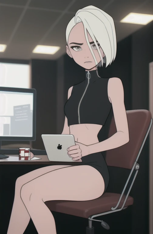 (dark theme:0.6), Glucose, 1 woman, mature and rough face, altushka, clear facial expression, One, short hair, in a black short dress, sleeveless dress, sexuality, Long legs, High growth, bright sun, wound,  1.2), sitting in the VIP room on a chair at the poker table in the middle, sits in the office, big office, Office table, sitting at the computer, computer on desk, looks at laptop, White hair, pomade, decrease, grey eyes, Sharp image, crop top, (HDR:1.22), Muted colors, complex background, Hyper detailed, art [[Jordan Grimmer]], close-up