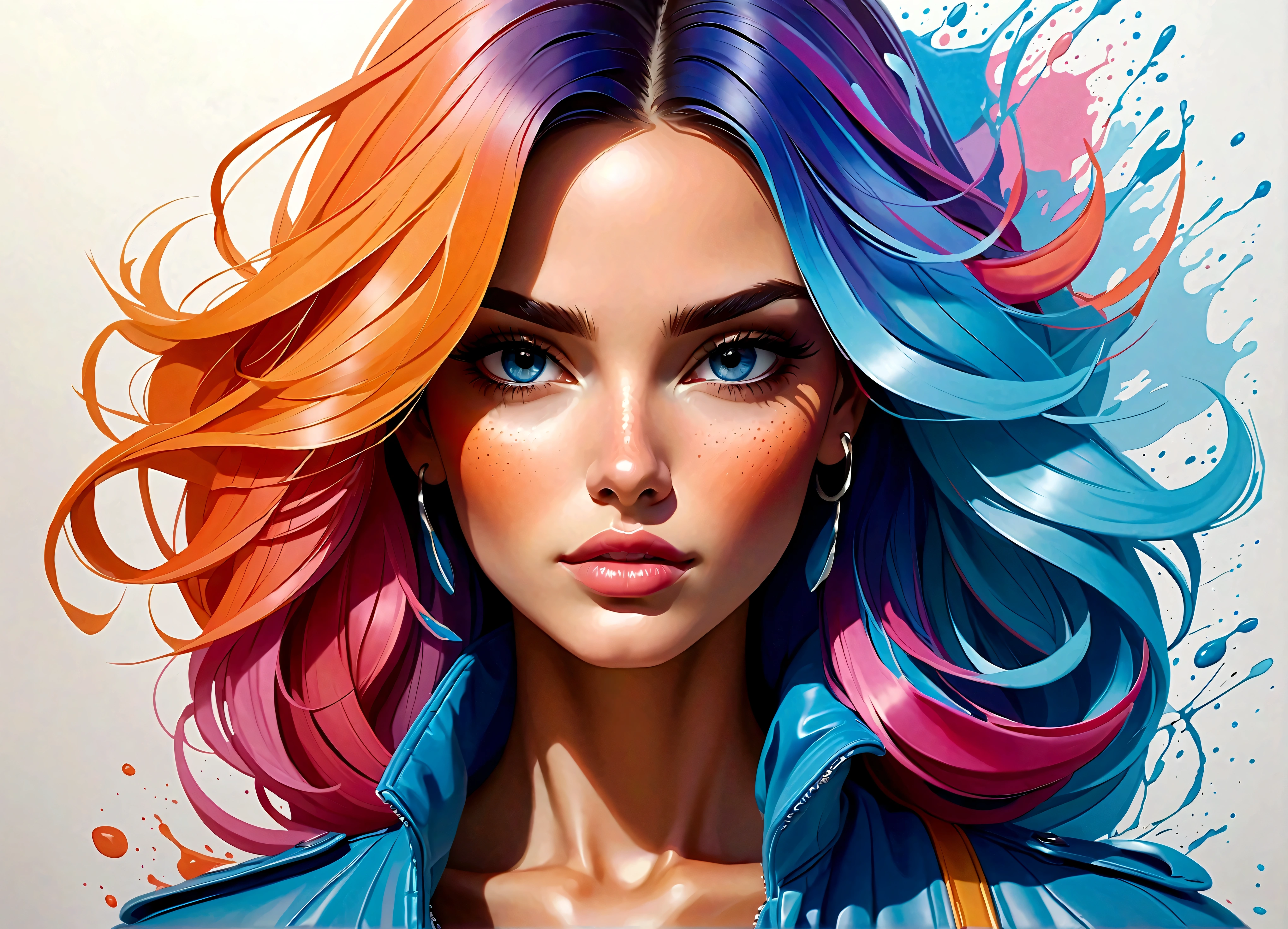 Uma linda mulher, highlighted in vibrant colors like a colored pencil drawing, tirando o cabelo do rosto. The woman is very well dressed in a mix of blue tones, rosa e laranja, com detalhes intrincados destacando suas vestes. All around her are splashes of color similar to watercolors., com flores e gotas de tintas..
