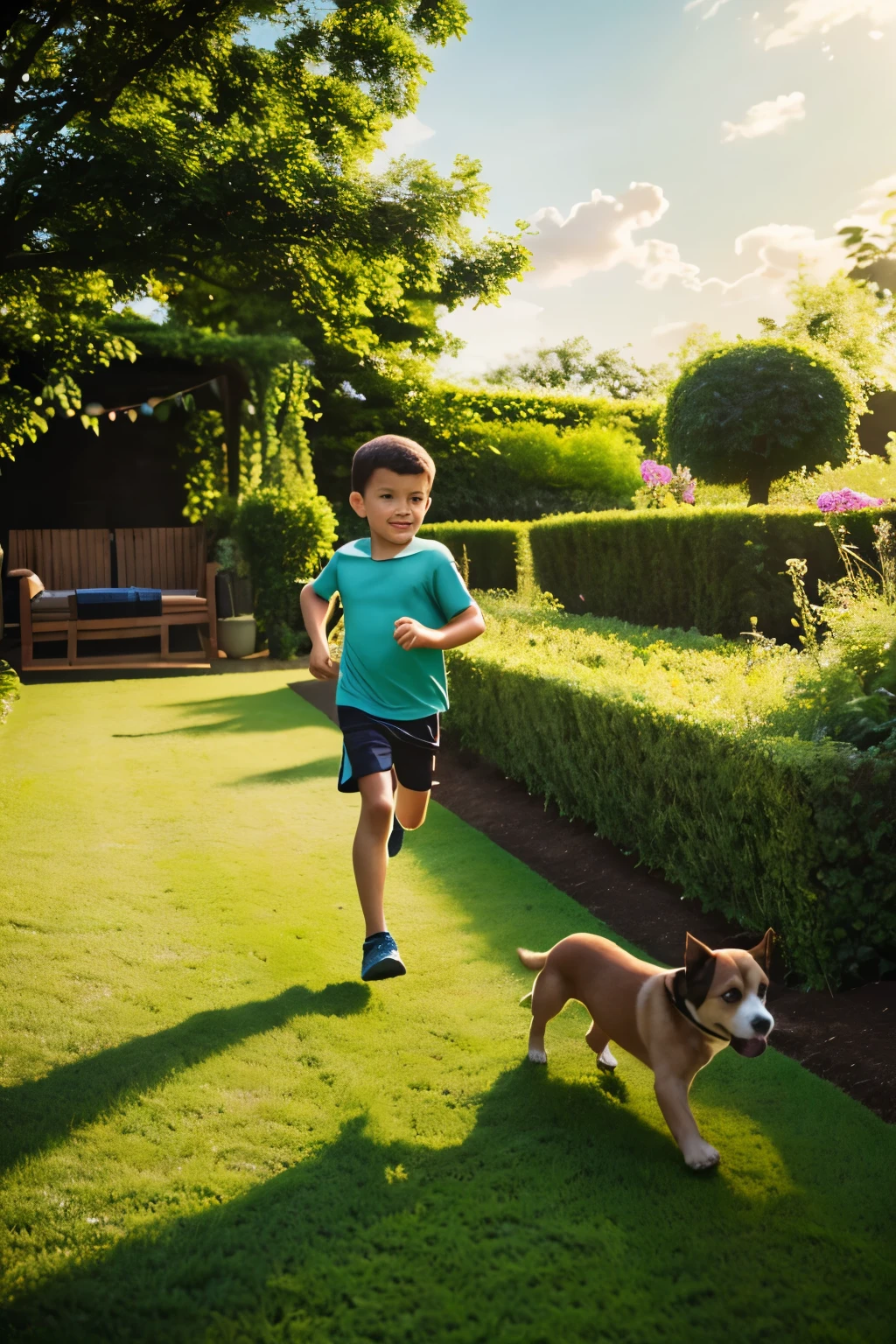 a young boy, running,  dog, chasing, worried mother, outdoor garden, lush greenery, sunlight, dynamic movement, heartwarming, photorealistic, extremely detailed, 8k, high quality, vibrant colors, soft lighting, cinematic composition, emotive expression