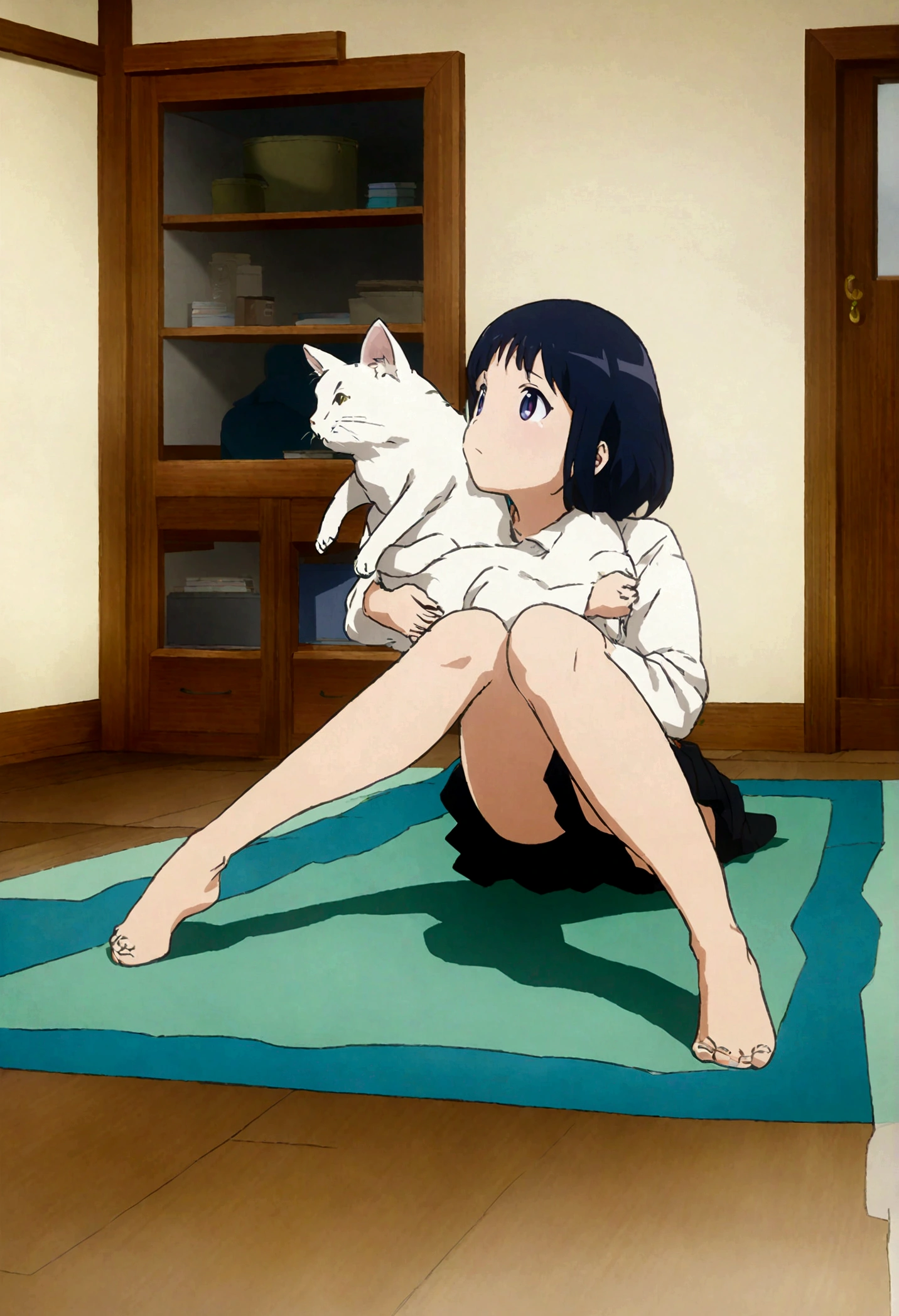 Anime girl hugging a cat sitting on a rug in a room, Gwaiz on ピクシブ・アートステーション, Gwaiz on Art Station Pixiv, Gwaiz, Gwaiz-inspired artwork,, 詳細なAnime Art, ArtStation pixivでトレンド, Anime Art, 詳細なデジタルAnime Art, Gwaiz's masterpiece