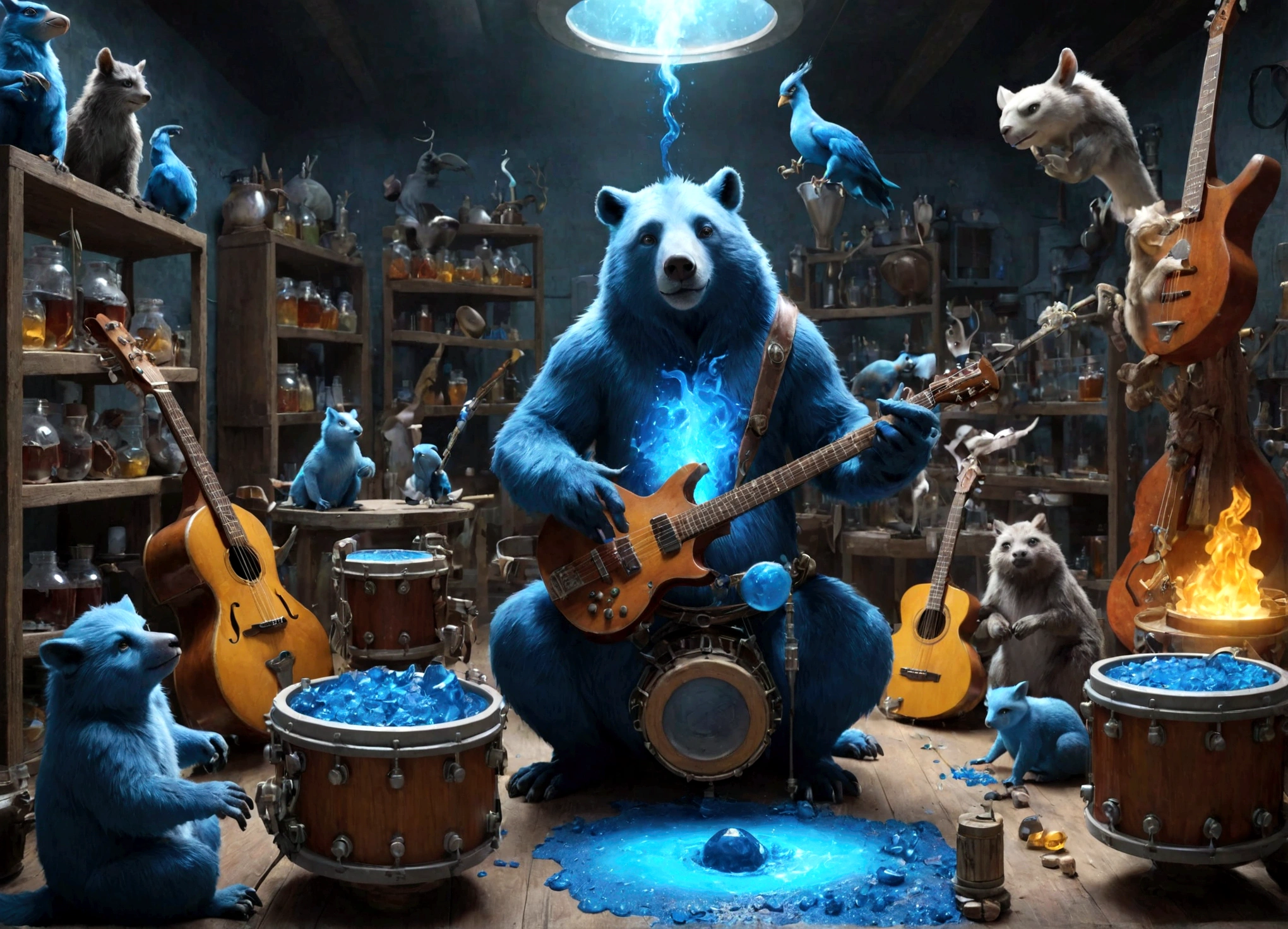 Sucrose in his laboratory, with music guitars and drums, to make a blue potion; animals playing musical instruments.