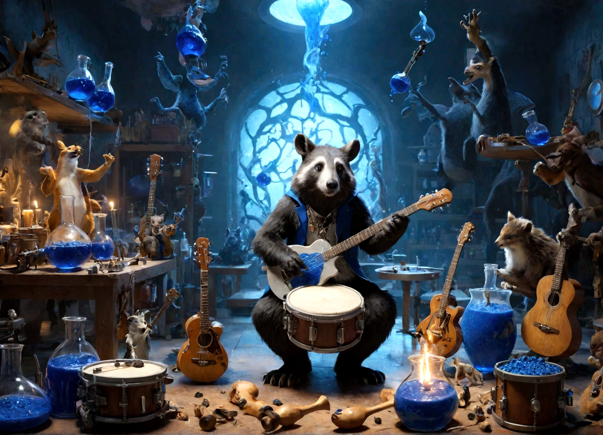 Sucrose in his laboratory, with music guitars and drums, to make a blue potion; animals playing musical instruments.