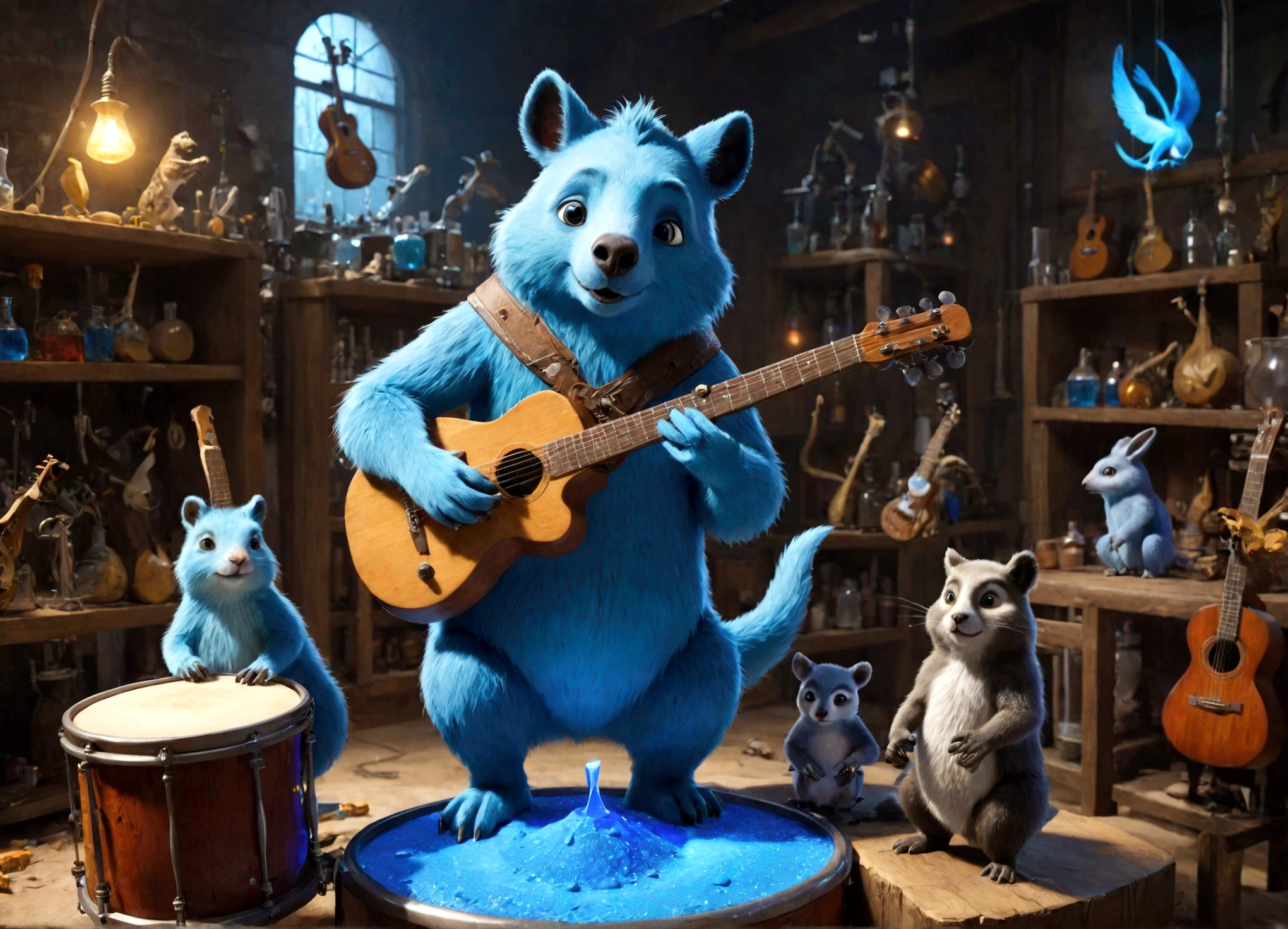 Sucrose in his laboratory, with music guitars and drums, to make a blue potion; animals playing musical instruments.