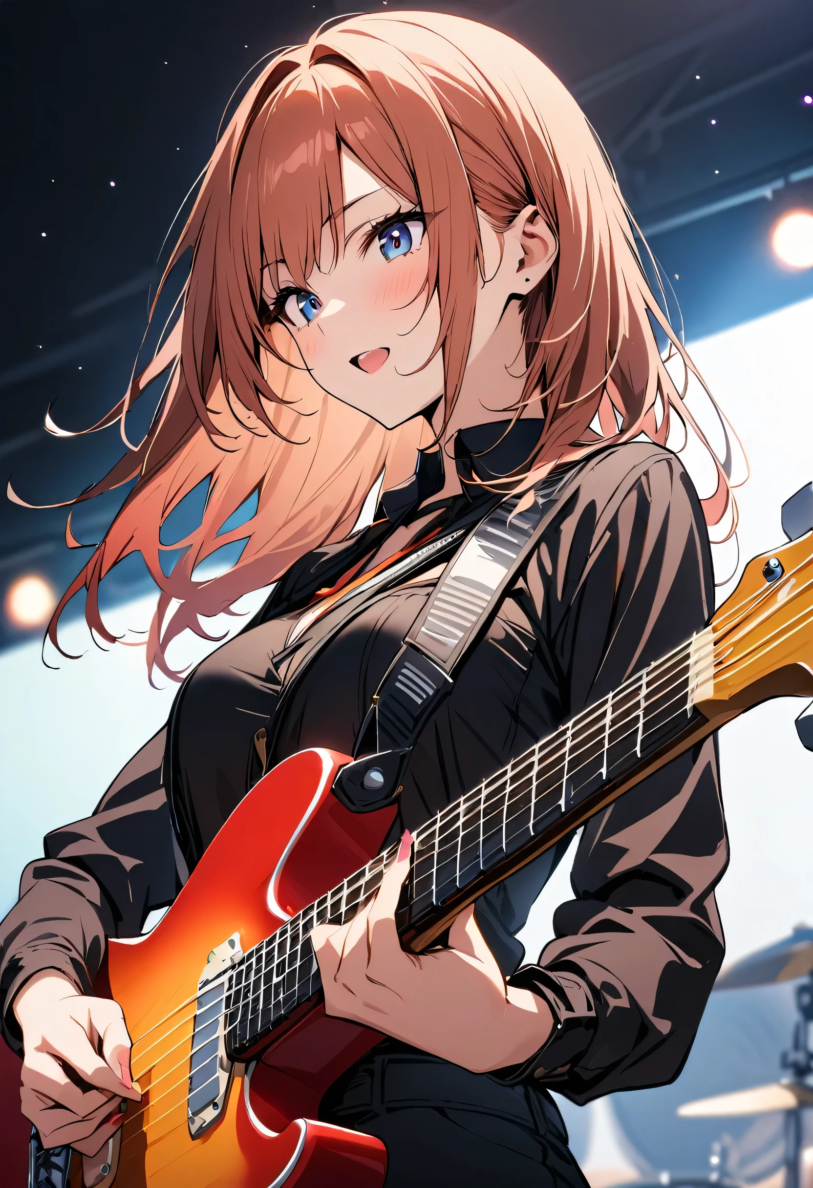One girl,masterpiece, highest quality, so beautiful、(guitarist:1.3)、Female Band、Live、((Upper Body:1.3))