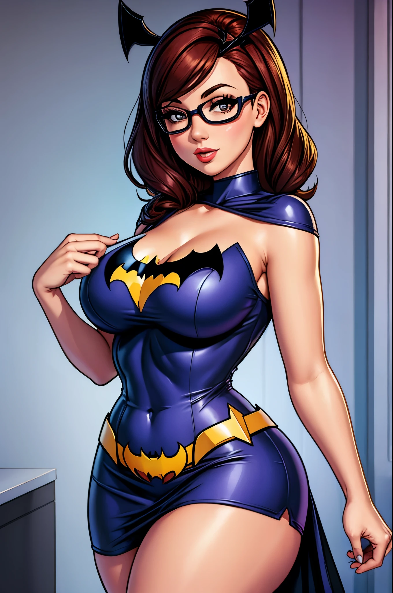 woman in short dress, curvy, pinup, batgirl