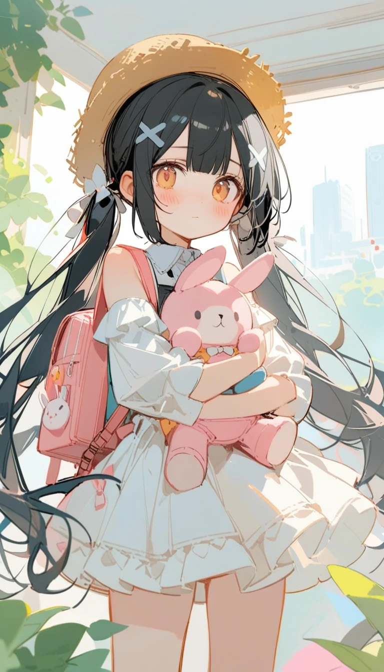 shiro9jira,ciloranko,ask \(askzy\),(tianliang duohe fangdongye:0.8),8k,cowboy shot,1girl, (Miyu Edelfelt),****,blush,black hair, twintails, x hair ornament,absurdly long hair ,pink gothic ****ta, Rabbit-backpack, straw hat,bare shoulders,looking at viewer,wariza,,(hugging lop-Rabbit-stuffed toy)