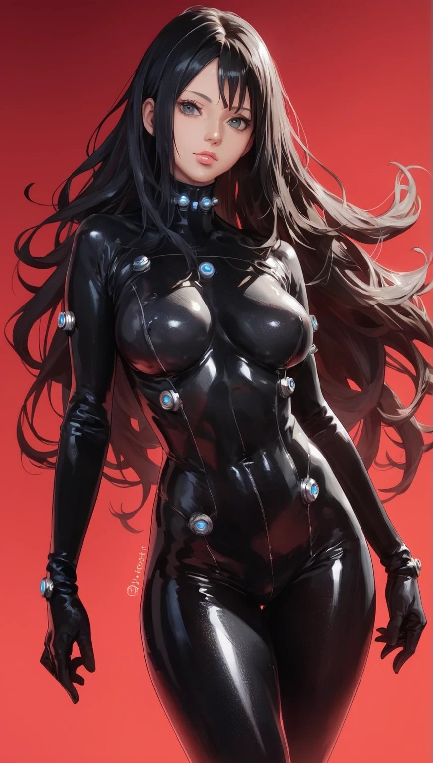score_9, score_8_up, score_7_up, BREAK,
1girl, black hair, bodysuit, cowboy shot, gradient, gradient background, latex, long hair, looking at viewer, realistic, red background, shiny, shiny clothes, skin tight, solo, standing,GANTZ