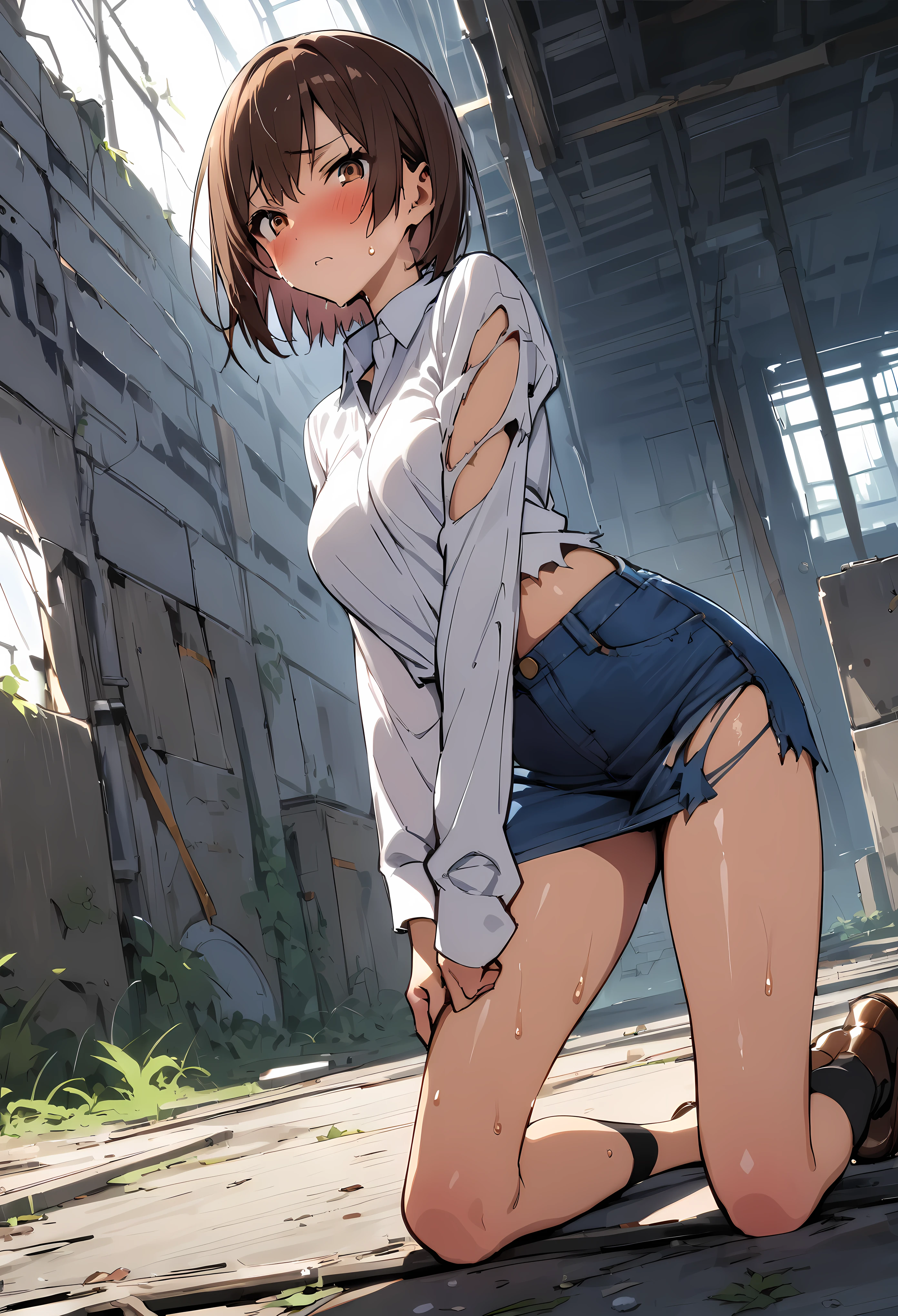 takeda hiromitsu style,Focus on one woman,(One woman vs. two female agents),((squat1人の女と側に立つ囲う2人の女工作員)),(((masterpiece, highest quality:1.5,absurdres))), BREAK ,One of the women is a beautiful 20-year-old,((very small head)),short bob hair,bangs,dark brown hair,brown eyes,blush,Pain、medium breasts,((very long body)),toned body,slender body,skinny,gleaming skin,shiny skin,((White collared shirt、Long sleeve、Blue denim miniskirt、White panties))、squat,Injury、 BREAK ,(Random hairstyles for the two female agents),Abandoned Factory、Tokyo、