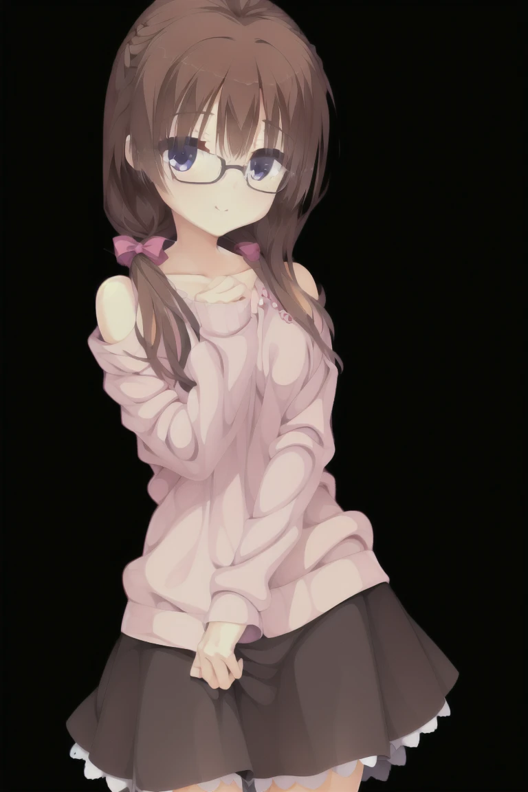 1girl,solo,smiling, glasses, woman, brown hair, medium hair, A frilly pink sweater with exposed shoulders, black skirt with a ribbon,medium breast, full body, full body, thigh-highs,Character portrait, whole body, expensive_solve, clear_image, expensive_Contrast, 8k, Sparkling, beautiful_detailed_face_and_eye, (Brown Hair:1.25), 白 eye,Black background