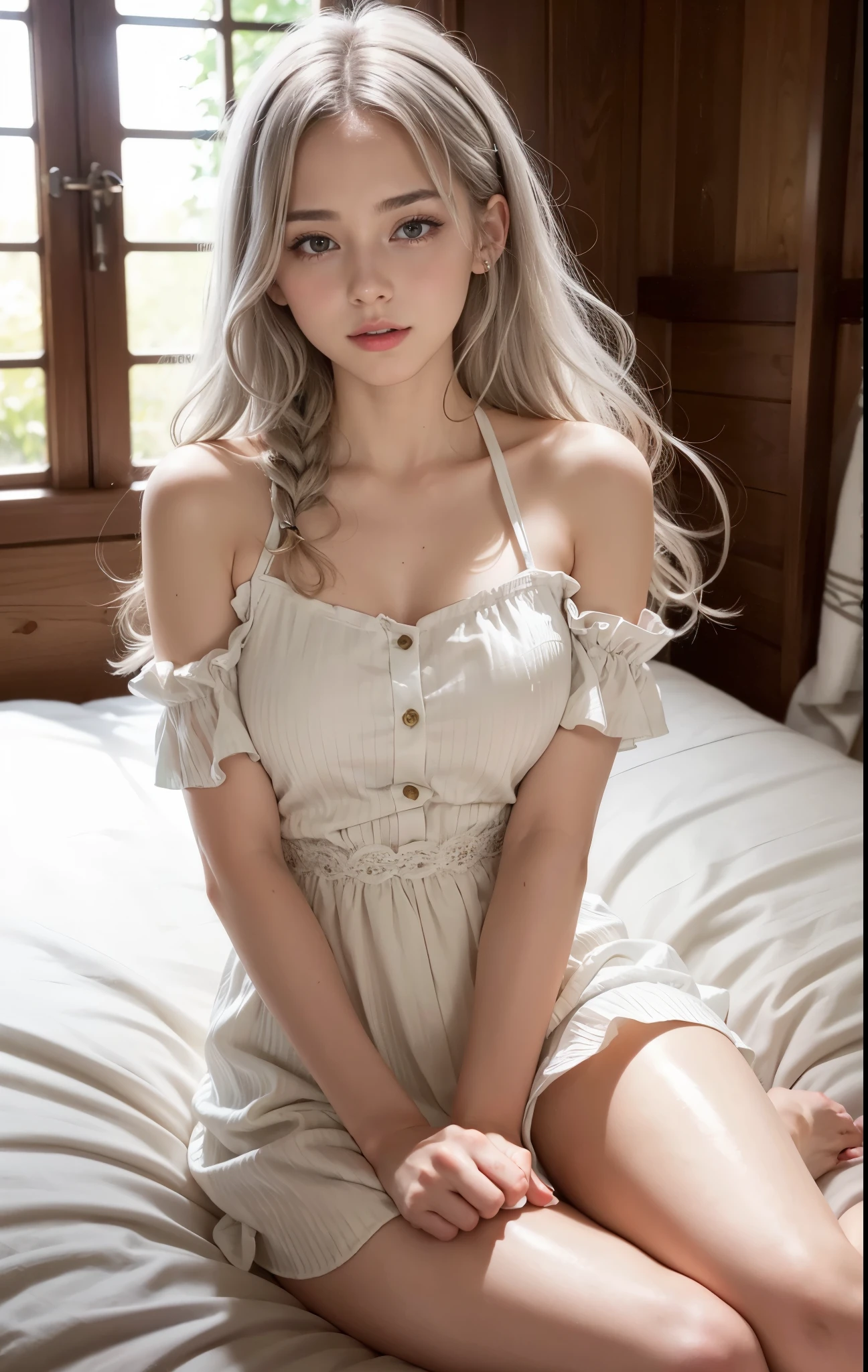 Young Scandinavian woman, Cute Face, Fascinating, highest quality, masterpiece, Translucent summer dress, Golden Hour, Detailed Texture, Long braided hair, Sitting on the bed, Pause, カジュアルなPause, Wooden cottage, interior, [blush], beautiful, complicated, Caustics, light, sunlight, (((Soft lips))), (((Glossy lips))), Very detailed, (Semi-realistic:1.2), Niroudef, Shiny silver hair、