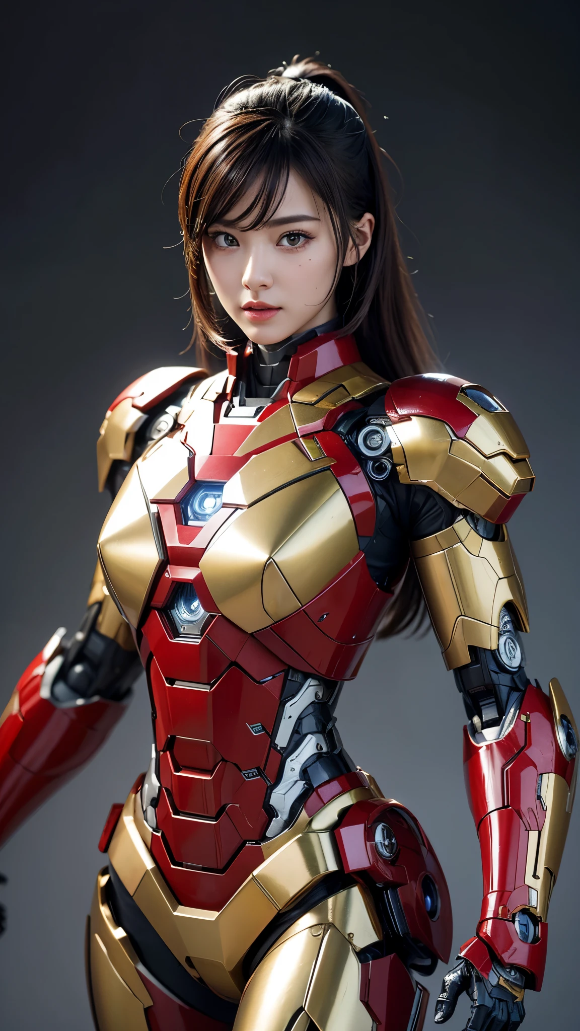 Textured skin, Super Detail, high details, High quality, Best Quality, hight resolution, 1080p, hard disk, Beautiful,(Iron Girl),beautiful cyborg woman,Mecha Cyborg Girl,Battle Mode,Girl with a Mecha Body,She wears an Iron Man mech,A powerful cyborg woman, sleek and futuristic, with advanced mechanical augmentations that enhance her strength and capabilities