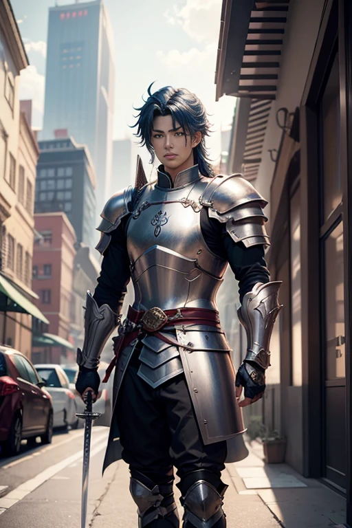 Anime character with sword and armor in city setting, by ヤン・J, Handsome men from Demon Slayer, G Liulian&#39;s art style, Chengwei Pan at Art Station, Yanjun Chen, Zhao Yun, Inspired by Zhang Senyao, Written by Len Mei, Victor Wang, Xianxia Hero, By Zhou Fang, by ヤン・Jin