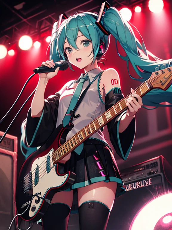 A masterpiece of a young woman, showcasing her unique style and musical talents. Outside on a beach stage, she stands confidently with one leg slightly raised, her electric guitar slung over her shoulder. Her striking features include piercing blue eyes, a twintail adorned with teal hair extensions, two piece black bikini that accentuates her toned physique, while headphones wrap around her neck, a symbol of her passion for music. As she plays the guitar, her long hair cascades down her back, a mesmerizing sight as she sings with conviction, smiling, upper body,