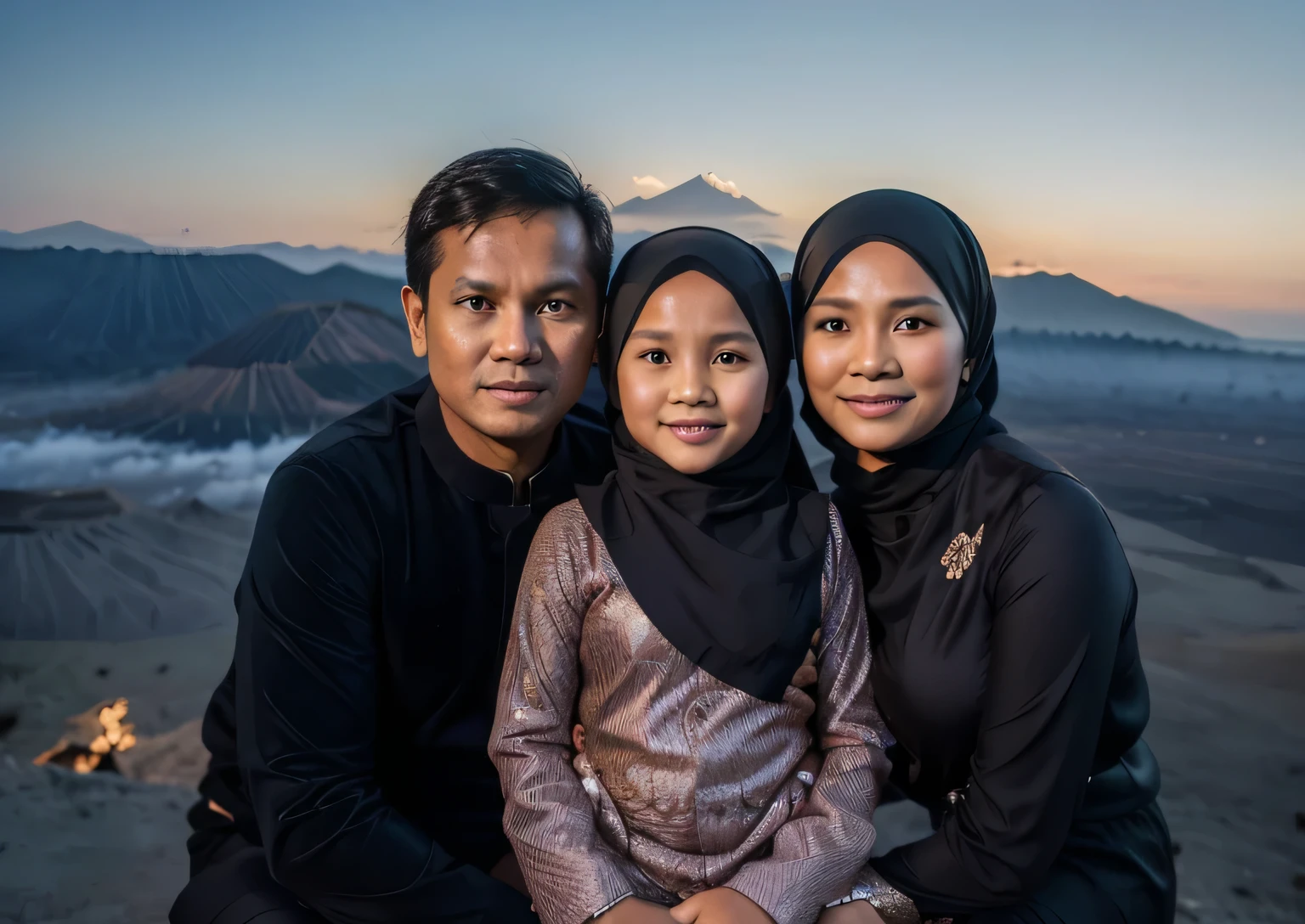 full body portrait An Indonesian family has a father and mother and an eight year old daughter wearing a hijab, traditional clothing javanese, clear detailed faces. They were on Mount Bromo watching the sunset. 