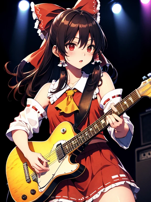 Reimu Hakurei、guitarist、stage、UHD, retina, masterpiece, ccurate, anatomically correct, textured skin, super detail, high details, high quality, best quality, highres, 4K