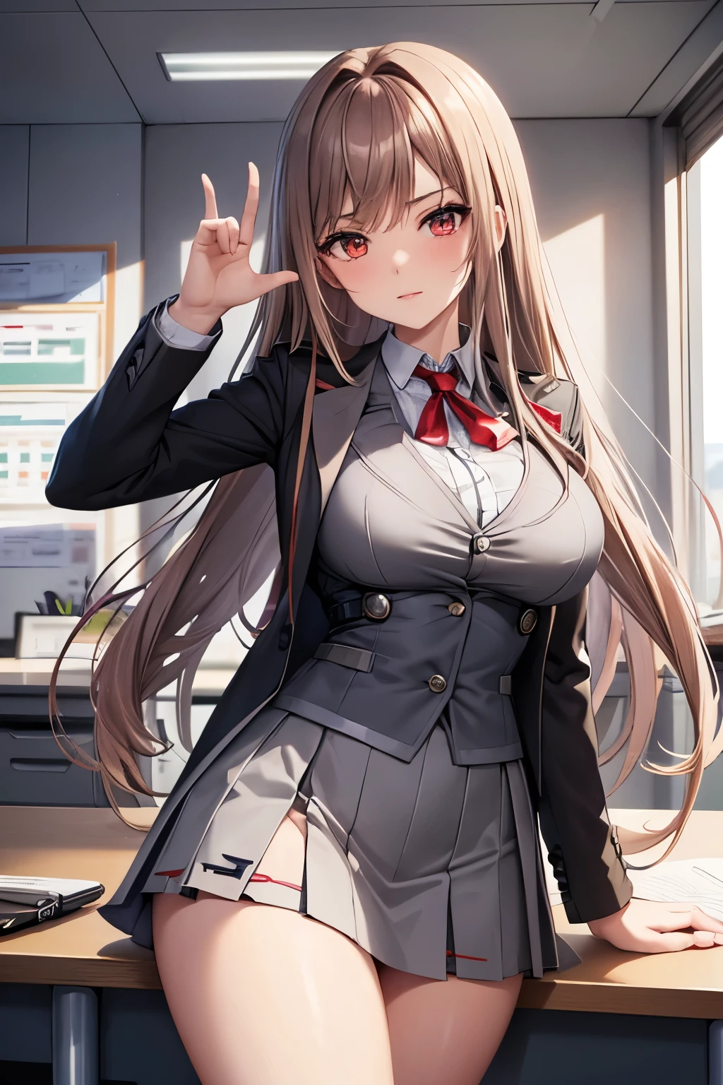 Game , goddess of victory nikke, Rapi , light brown hair,  alluring eyes ,beautiful face , crystal red eyes ,  long hair, ((grey office suit jacket)) , (( grey pensil skirt)), g cup breast, slender waist, bewitching thighs, five fingers each hand, two hand ,two leg , at office, alluring poses , confident face