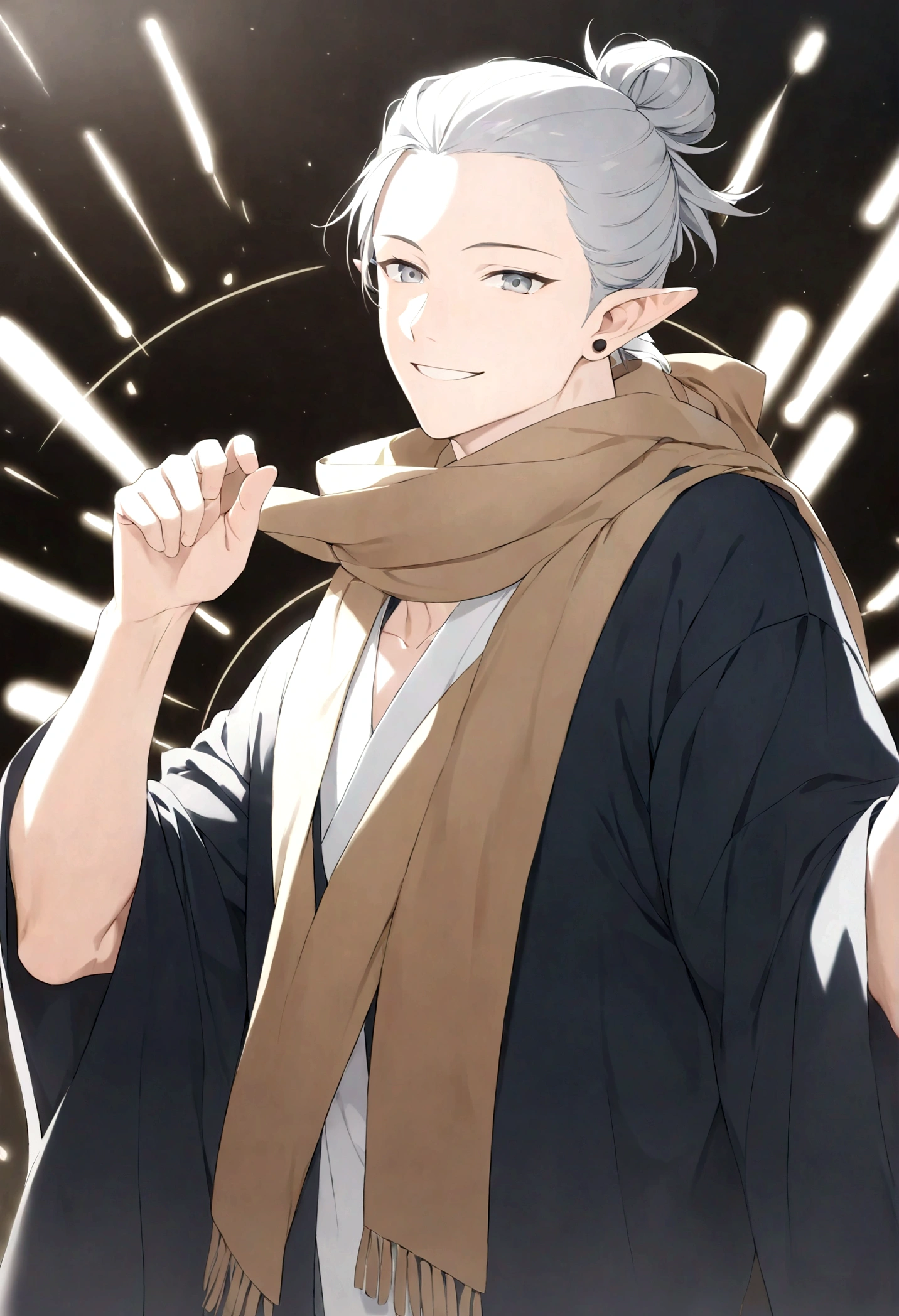 (Artwork, very high quality photo, CGI effect, lighting effect, shading effect), a male elf, bright gray eyes, short platinum hair, (wearing a black kimono with gold details), a brown scarf wrapped around his neck , white yukata over the kimono, (A confident smile on his face, a look of victory)