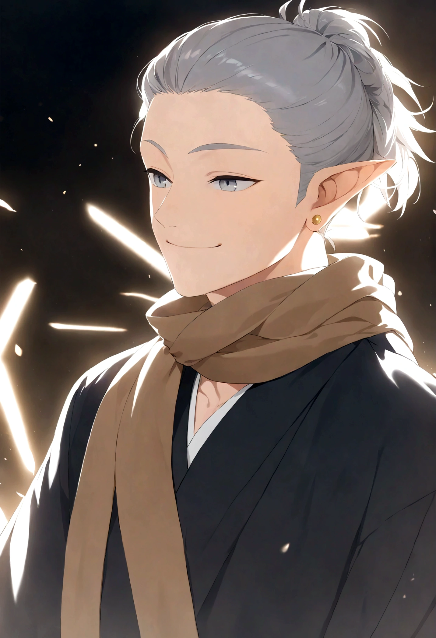 (Artwork, very high quality photo, CGI effect, lighting effect, shading effect), a male elf, bright gray eyes, short platinum hair, (wearing a black kimono with gold details), a brown scarf wrapped around his neck , white yukata over the kimono, (A confident smile on his face, a look of victory)
