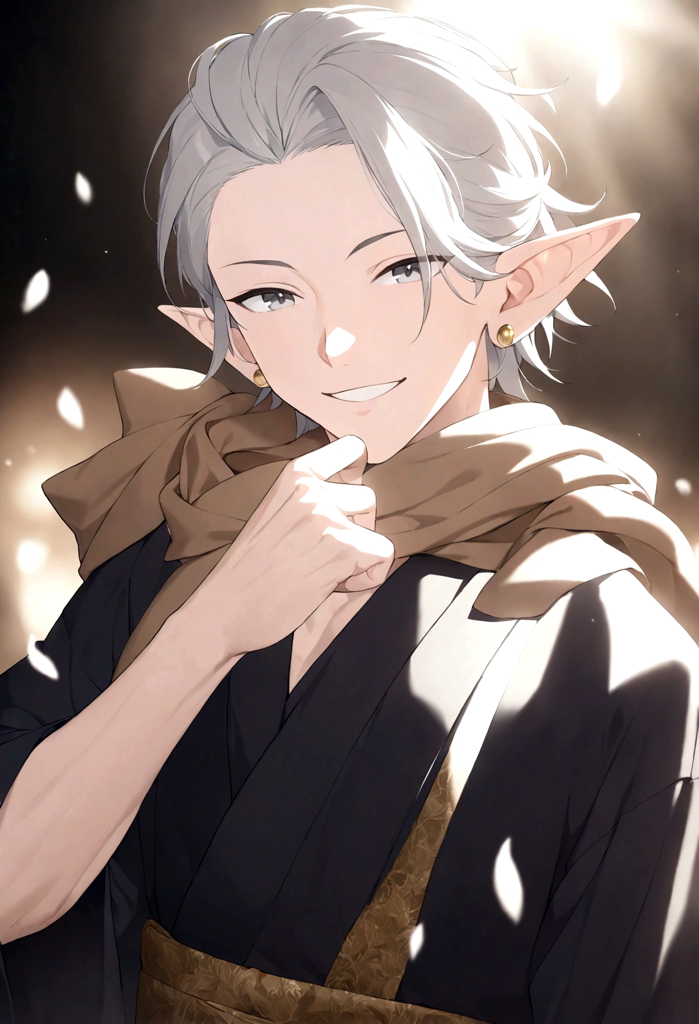 (Artwork, very high quality photo, CGI effect, lighting effect, shading effect), a male elf, bright gray eyes, short platinum hair, (wearing a black kimono with gold details), a brown scarf wrapped around his neck , white yukata over the kimono, (A confident smile on his face, a look of victory)