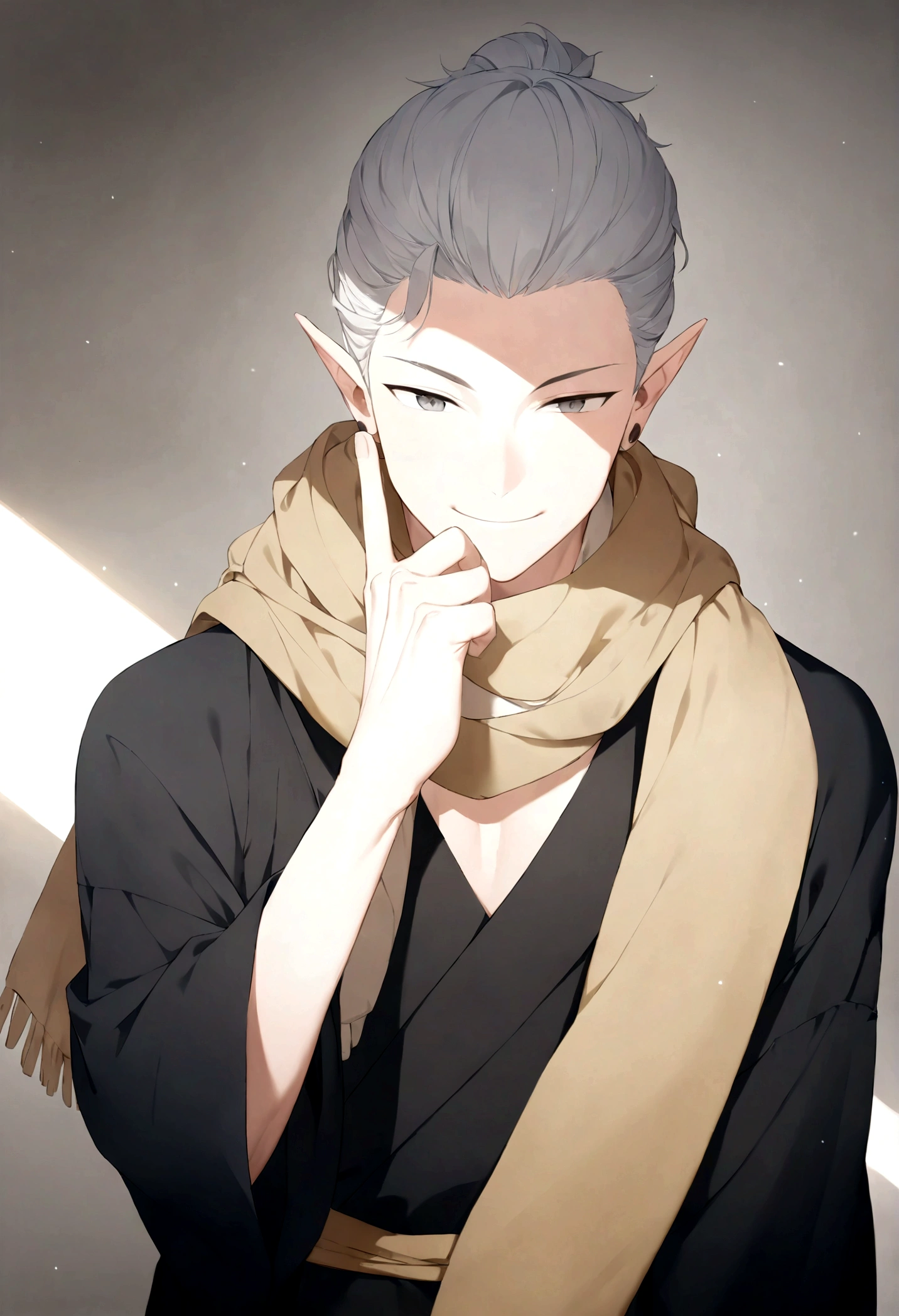 (Artwork, very high quality photo, CGI effect, lighting effect, shading effect), a male elf, bright gray eyes, short platinum hair, (wearing a black kimono with gold details), a brown scarf wrapped around his neck , white yukata over the kimono, (A confident smile on his face, a look of victory)