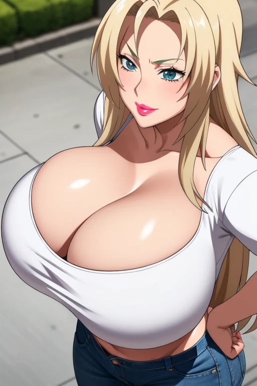 Tsunade Senju, 1 girl, ((bimbo))), long blond hair, cute smile face, puffy lips, painted lips, thick lips, wide hips, thick thighs, huge ass, craving lust face , enormous huge natural breasts, cleavage, mature mom, high waist jeans, white top, close up on upper body, crossed arms, looking up