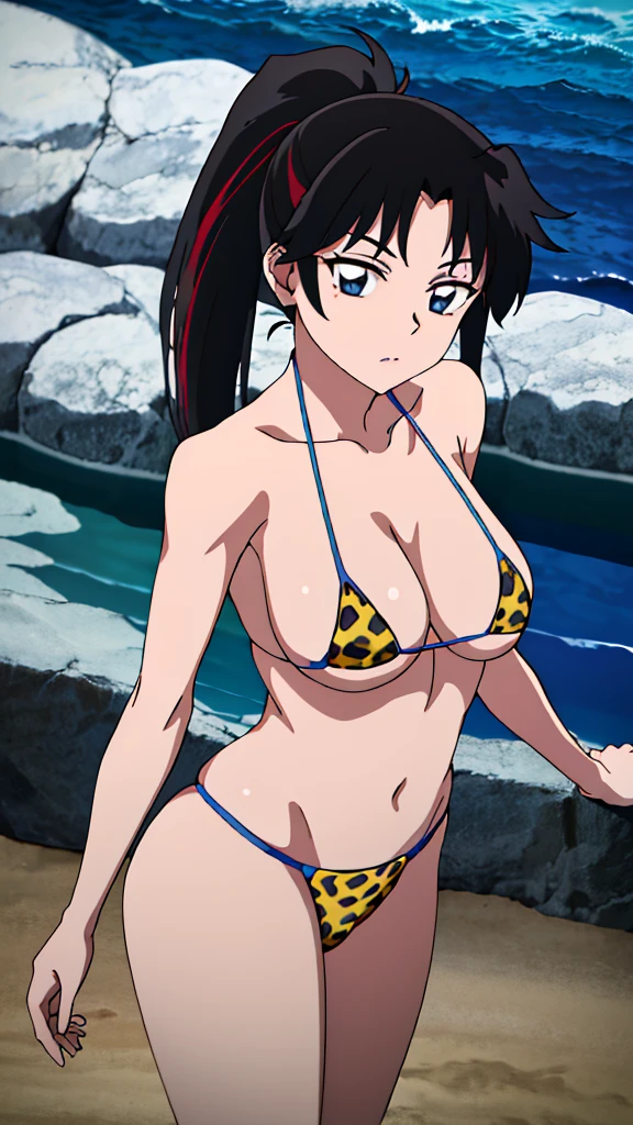 masterpiece, best quality, highres, 1girl, may (pokemon), embarrassed, blush, sweat, nsfw, micro bikini, underboob, navel, bare shoulders, bare arms, thighs, high heels, beach, sagging huge_breasts, tarechichi, erect nipples