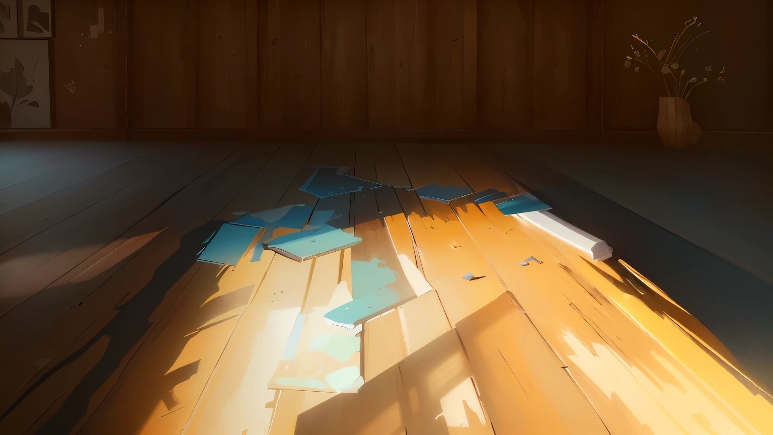 there is a wooden floor inside room, rendered in pov - ray, detailed textures and lighting, raytraced blade, random volumetric lighting, hand painted textures, stylised hand painted textures, hand painted textures on model, high level texture render), visible paint texture, raytraced lighting, rendered in unrealengine, ray tracing reflection