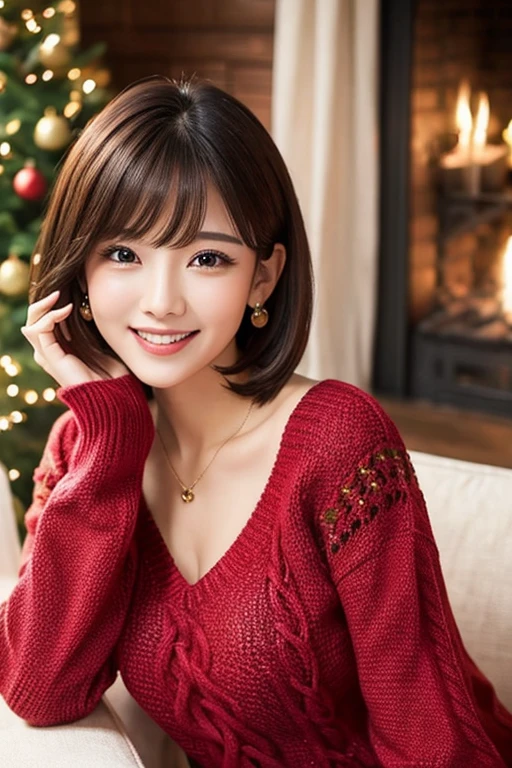 Christmas Knitted clothing Busty Bob smile Beautiful Woman