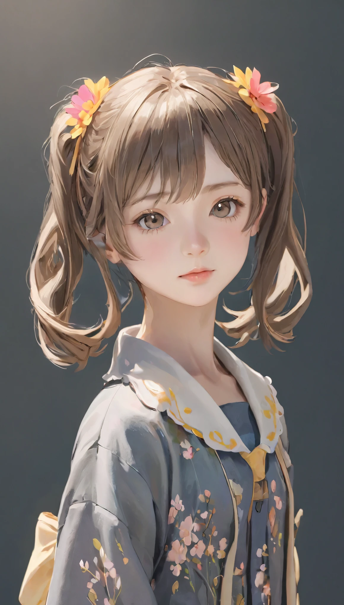 (UHigh resolution, retina, masterpiece, Accurate, Anatomically correct, Textured skin, Very detailed, Attention to detail, high quality, 最high quality, High resolution, 1080p, High resolution, 4K, 8k, 16k),Accurate human body depiction、One Cute14 girl、Brown Hair、Short Hair、Twin tails、Gray eyes、An ennui look、Black cute clothes、No exposed skin、The background is a simple floral wallpaper、