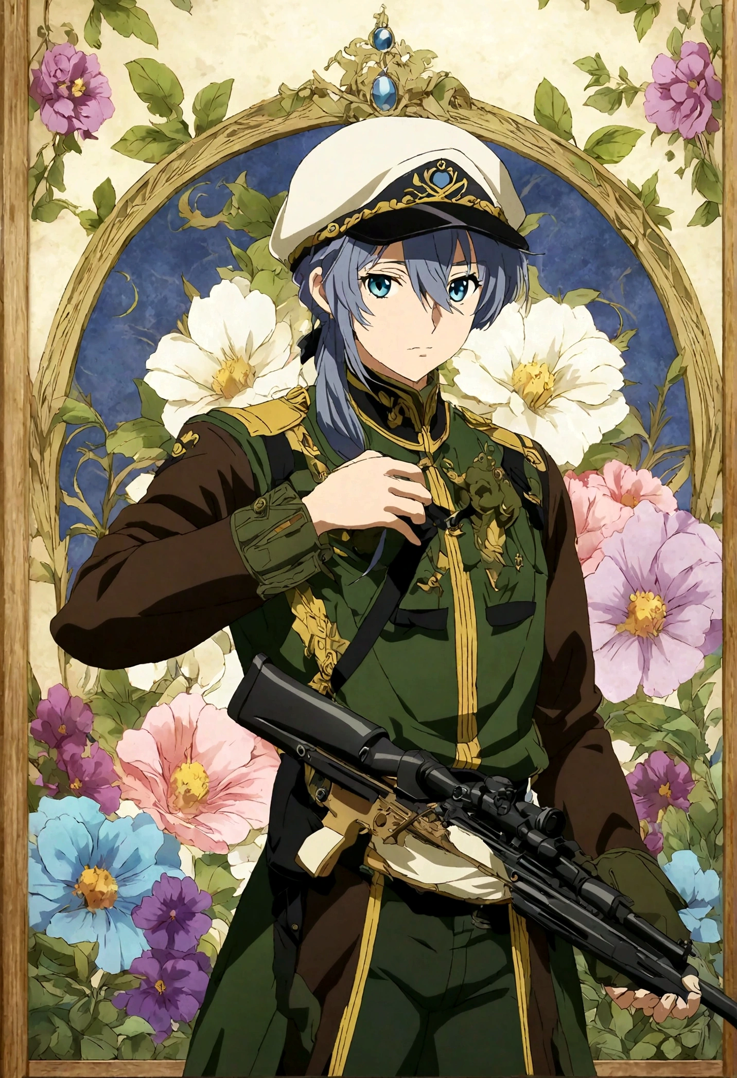 Anime character with rifle and army cap in front of floral background, an anime drawing inspired by Li Chevalier, Pixiv, auto-destructive art, Combat Uniform, 詳細なKey Anime Art, Key Anime Art, Highly detailed official artwork, Official Anime Artwork, Official Art, Marin Kitagawa Fan Art, Violet Evergarden is, Beautiful androgynous prince