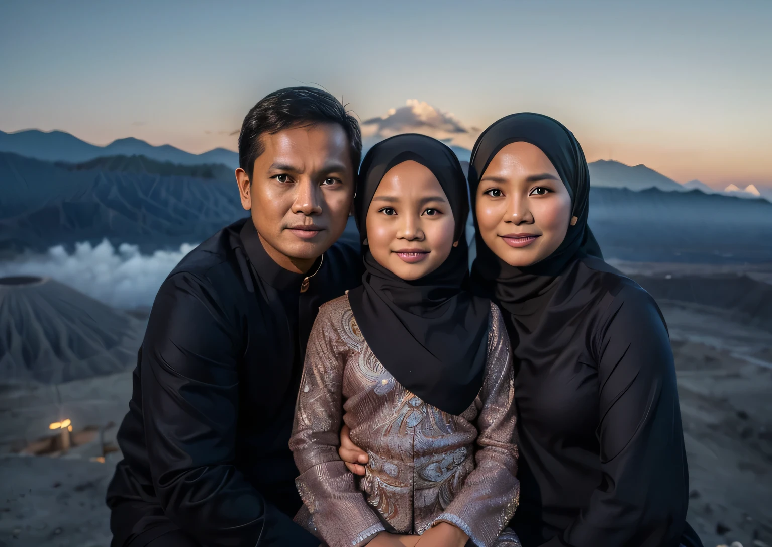 full body portrait An Indonesian family has a father and mother and an eight year old daughter wearing a hijab, traditional clothing javanese, clear detailed faces. They were on Mount Bromo watching the sunset. 