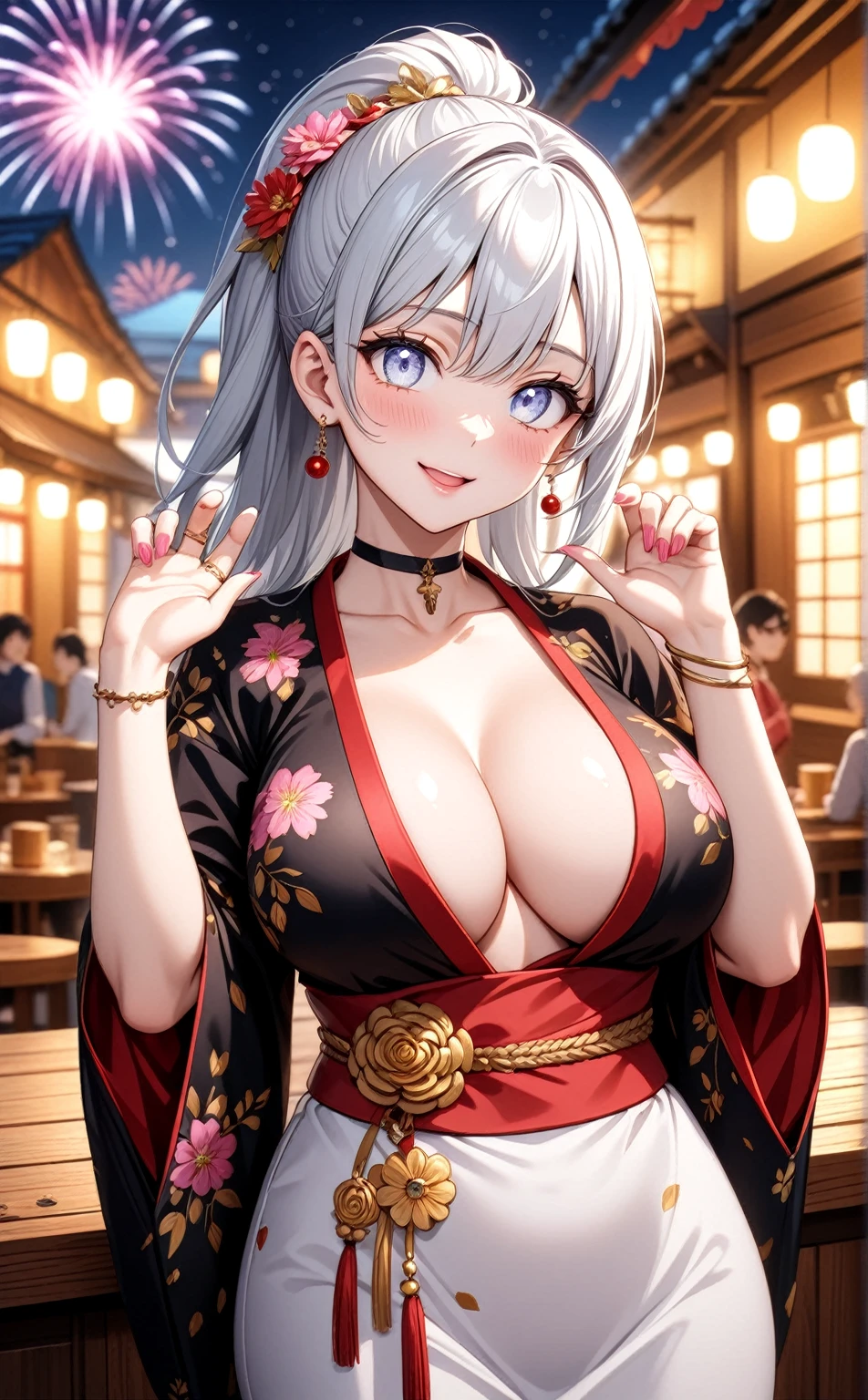 ((one personの女性)), Beautiful Face,(a woman requesting a hug. She has her arms open wide as if ready to embrace someone),(Bright red cheeks:1.3),Laughing embarrassedly,Laugh with your mouth wide open,Glossy pink lips,Cinema lighting,night,Outdoor tavern,firework,((Anime style background)),masterpiece, highest quality, so beautiful, Latest, Complex details, (Pink long nails),(ring),(bracelet),(choker),AI-generated, Complex,High resolution, highest quality, super high quality,3D Images、View your viewers、3D Images,one person,Long white hair,High Ponytail,(blue eyes),Anime woman posing for a photo, ((Fine grain、Silvery white colorful eyes、Shining Eyes:1.3)),(Squint your eyes:1.1),a hyperRealistic , hyperRealistic , Realistic,Anime woman with long and white hair, Smooth anime CG art, A woman in a colorful kimono with gold embroidery, (Black kimono),Red floral pattern,Long flower hair ornament,Big earrings,Mature Body,(Big Breasts:1.1),Tall,Fine details,Narrow waist,(Face close-up:1.3), Put your elbows on the desk