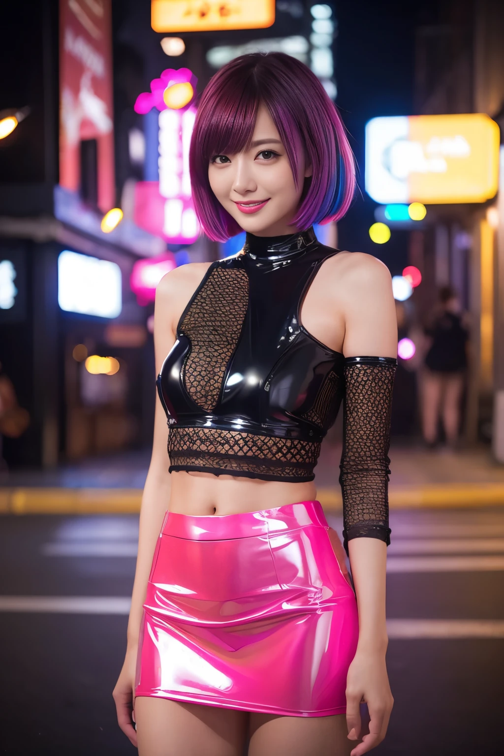 Browsing Caution、Female Idols、smile、Esbian all over、、Shiny latex mini skirt（Neon Fuchsia)、(Multi-colored short hair)、Conceptual Art, high quality, Realistic, Very detailed CG synthesis 8k wallpaper, Very detailed, High resolution raw color photos, Professional photography, Realistic portrait, Cinematic Light, Beautiful details, Super detailed, Attention to detail, (((Bokeh))), Depth of written boundary, illumination, Neon Street, Super stylish lighting