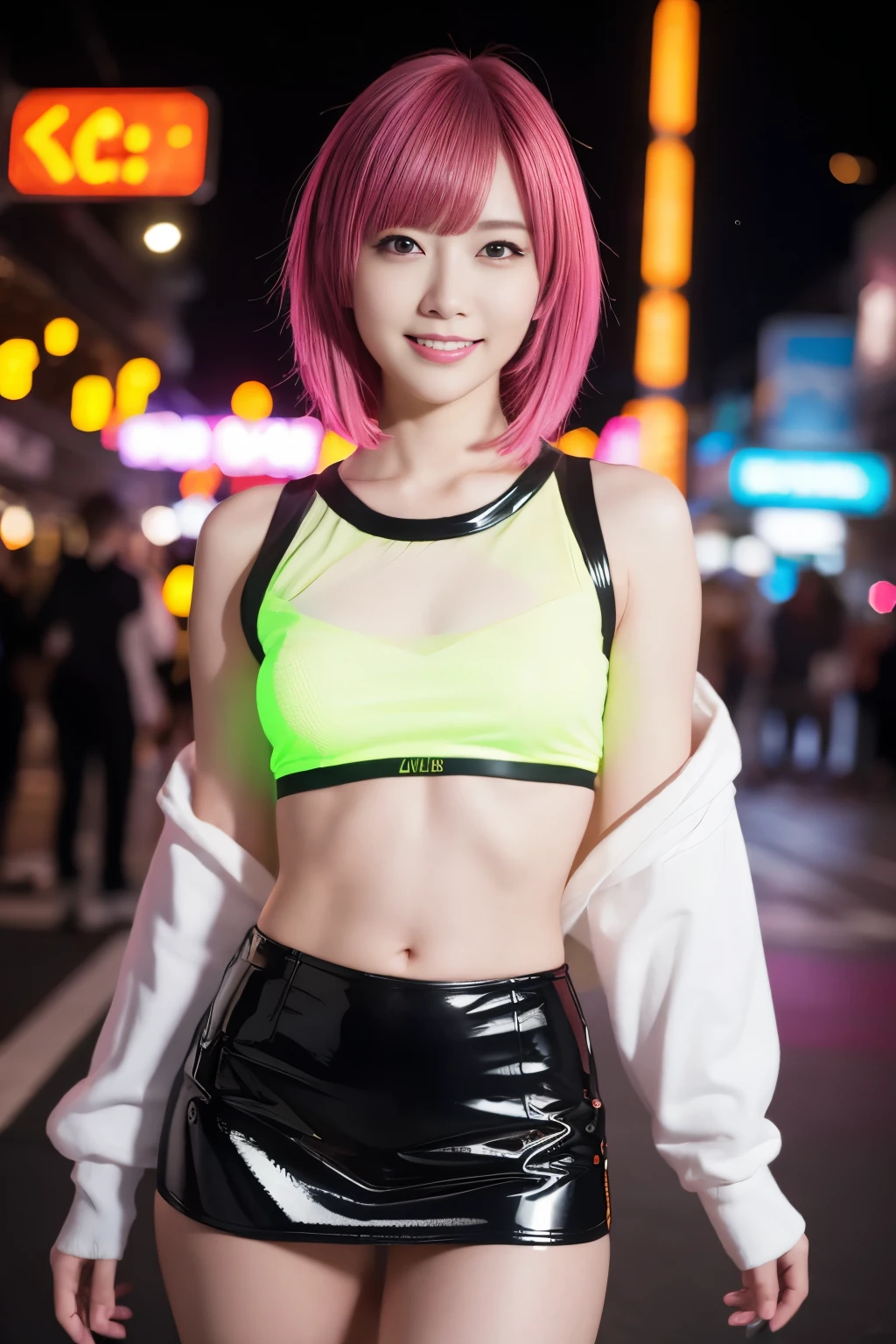 Browsing Caution、Female Idols、smile、Esbian all over、、Shiny latex mini skirt(Neon Fuchsia)、(Multi-colored short hair)、Conceptual Art, high quality, Realistic, Very detailed CG synthesis 8k wallpaper, Very detailed, High resolution raw color photos, Professional photography, Realistic portrait, Cinematic Light, Beautiful details, Super detailed, Attention to detail, (((Bokeh))), Depth of written boundary, illumination, Neon Street, Super stylish lighting