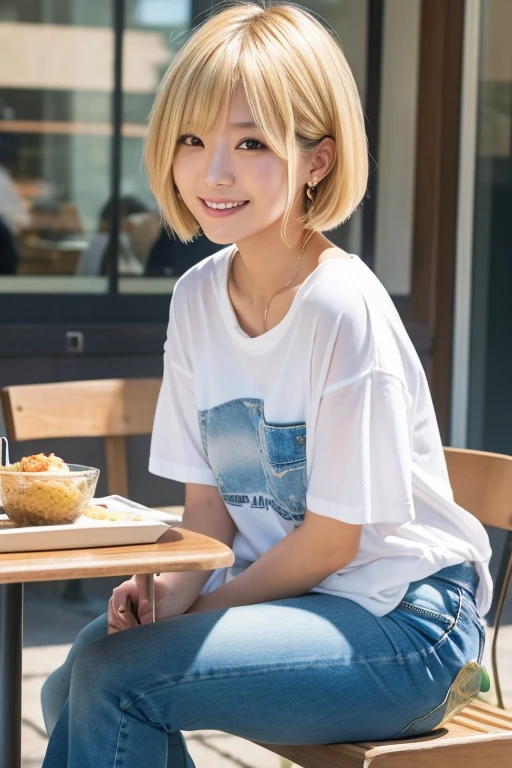 Live Action,A Japanese woman with short blonde bob hair,university student,Simple,discreet earrings,Lunch at the cafe,Sitting,An innocent smile,Wear a T-shirt that shows your body line,Oversized denim pants,Ultra HD,