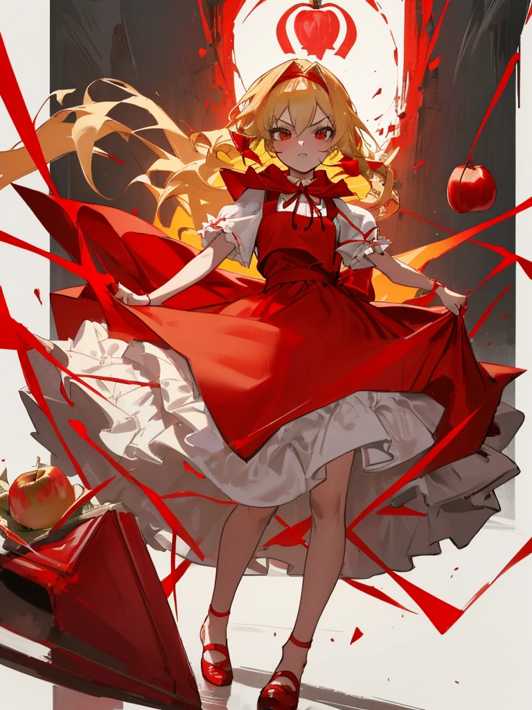 standing,red food,Looking at camera, blonde hair, shoulder length hair,Top quality, short-sleeved red dress, "Little Red Riding Hood", girl , ferocious and aggressive gaze, hanging a basket of apples on her left arm, all red costume, red skirt, sub on her right hand Equipped with a machine gun, wearing a red hood, wearing a white apron, bare feet and wearing red girl's shoes, and a cute red ribbon on the chest.