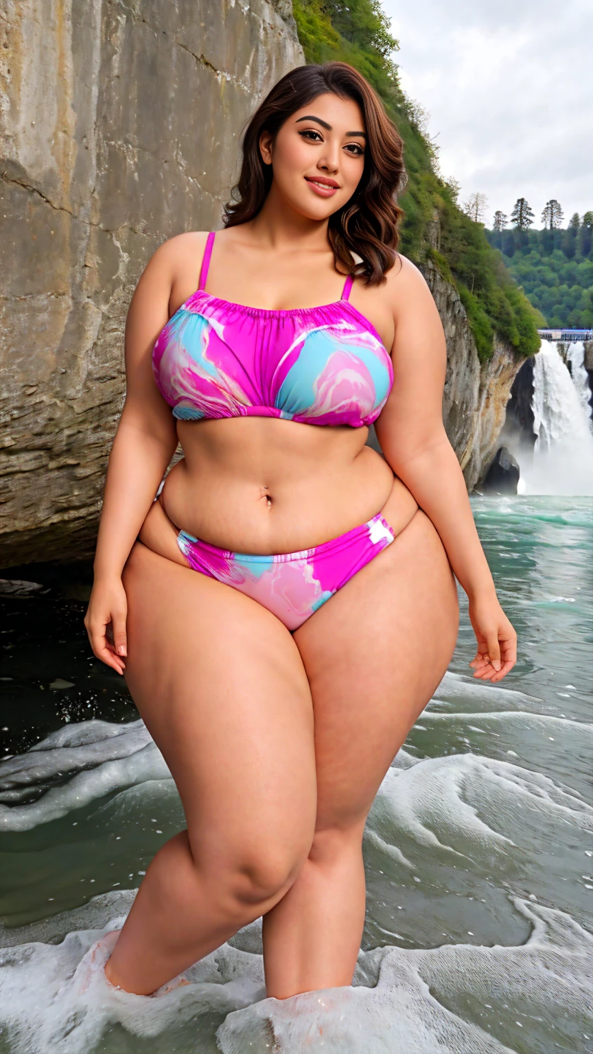 Indian beautiful actress Madhubala sexy curvy plus size body beautiful actress wearing Fuchsia color SHEIN Swim Vcay Plus Marble Print One Piece Swimsuit With Beach Skirt posing for a picture in Rhine Falls, Schaffhausen, camera front facing, smilling face, head to toe view, full body shot, hourglass body shape, curvy plus size body, bigger waist, busty, big hips, fleshy thighs, thick thighs, busty, full body view, head to to view, full body shot, beautiful curves, curvy model, attractive curves, attractive feminine curves, gorgeous woman, Rhine Falls, Schaffhausen background,rgb