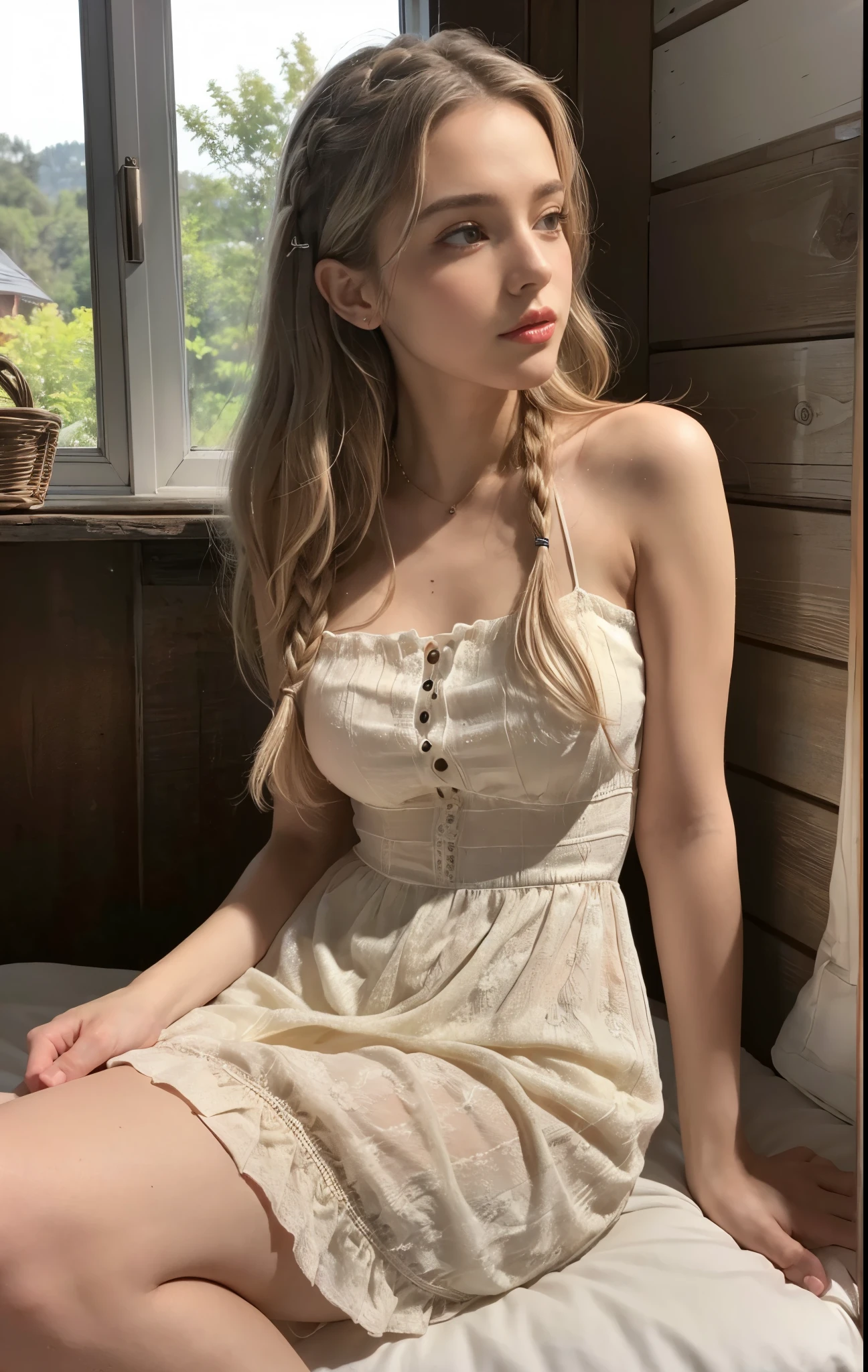 (((masterpiece))), (((highest quality: 1.4))), ((Very detailed: 1.4)) ,Young Scandinavian woman, Cute Face, Fascinating, highest quality, masterpiece, Translucent summer dress, Golden Hour, Detailed Texture, Long braided hair, Sitting on the bed, Pause, カジュアルなPause, Wooden cottage, interior, [blush], beautiful, complicated, Caustics, light, sunlight, (((Soft lips))), (((Glossy lips))), Very detailedな, (Semi-realistic:1.2), Niroudef, Shiny silver hair、