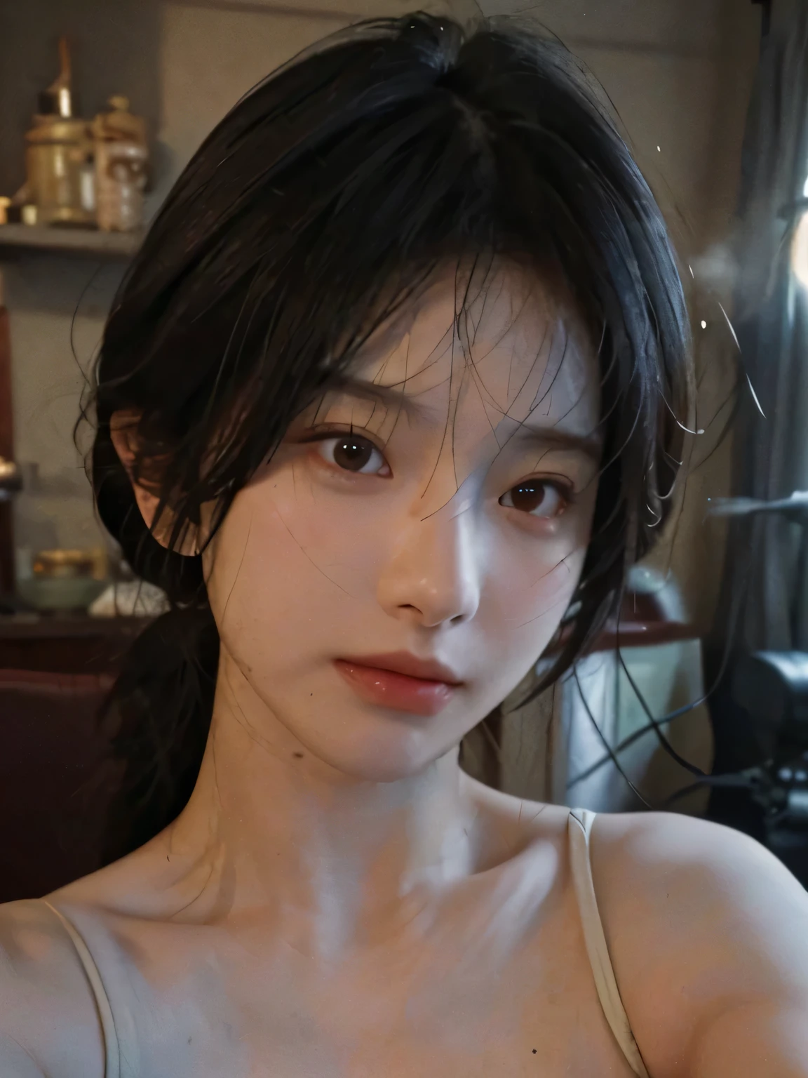 8K, best quality, masterpiece, Ultra-high resolution, (realism: 1.4), original photo, (Realistic skin texture: 1.3), (Film Grain: 1.3), (Selfie Angle), 1 girl, Beautiful eyes and face details, masterpiece, best quality, close up, Upper Body, Looking at the audience