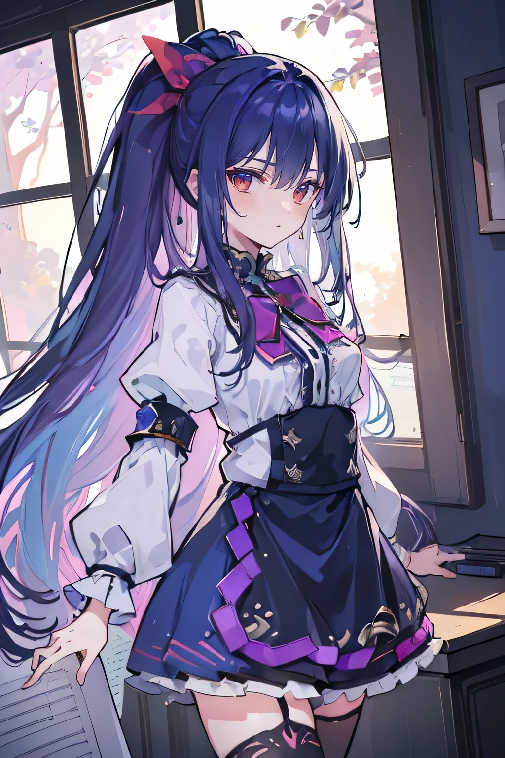 (best quality:1.3), (masterpiece:1.3), (illustration:1.3), (ultra-detailed:1.3), (imid shot:0.9), 1girl, medium breasts, purple eyes, (((dark blue hair))), hair ornaments, young, outfit-gladiia, long hair, dark blue hair, indoors, black shorts, thigh-highs, low ponytail, expressionless, upper body, close up, coat, skirt,