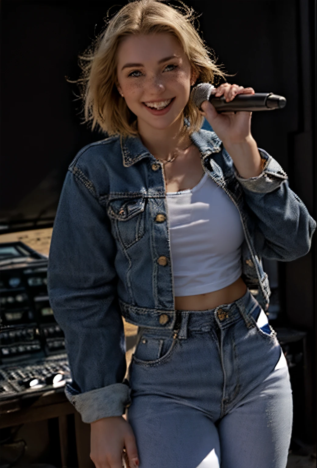 A 21-year-old girl named Kate with short blonde hair, very nice medium-sized breasts, and a height of 1.60 meters, has a white British style. Kate is beautiful, with an angelic face and light freckles around her nose. Kate is wearing light blue jeans with a light denim jacket and a plain white shirt underneath. Kate is wearing light-colored All Star sneakers. She is standing with a music recording studio in the background, equipped with a guitar, an electric guitar, a mixing console, and all the equipment typical of a recording studio. Kate is standing with a microphone near her mouth as if she is singing, posing for a photo for the marketing of her new song. Kate looks happy.