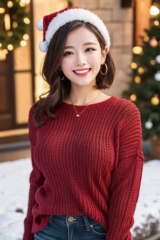 Christmas Knitted clothing Busty Bob smile Beautiful Woman Looking up
