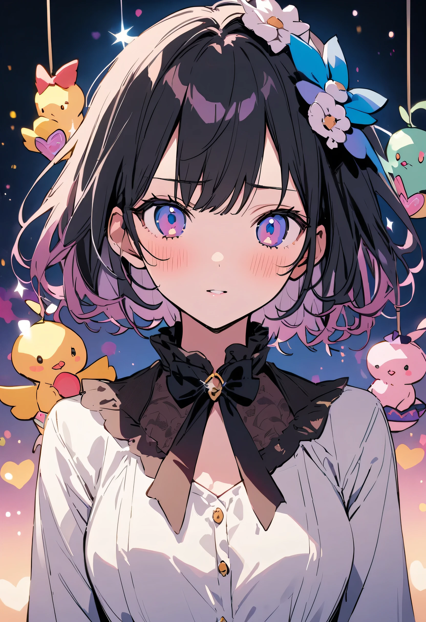 masterpiece, highest quality, Illustration of the novel, High resolution, 18+ Adult content, Sensual, Intimate, Emotional, Passionate, romantic, sweet, Adorable, Innocent, Pure, Charming, Charming, charm, Mysterious, Charming, Charming, Immersive, Charming, dream-like, Surreal, Imaginative, Whimsical, artistic, Avant-garde, timeless, elegant, Sophisticated, chic, Sophisticated, Personality, original, Charming,((upon:1.3))、(guitarist:1.3)、Female Band、Live、((Upper Body:1.3))