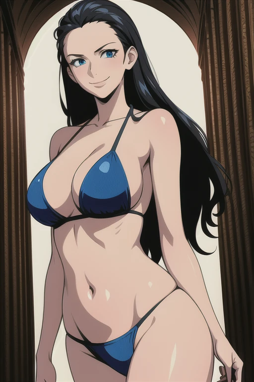 masterpiece,, best quality, beautiful lighting,((, slim girl)), NicoRobinV2, 1girl, black hair, long hair, solo, large breasts, smile, blue eyes, closed mouth, hair slicked back bikini