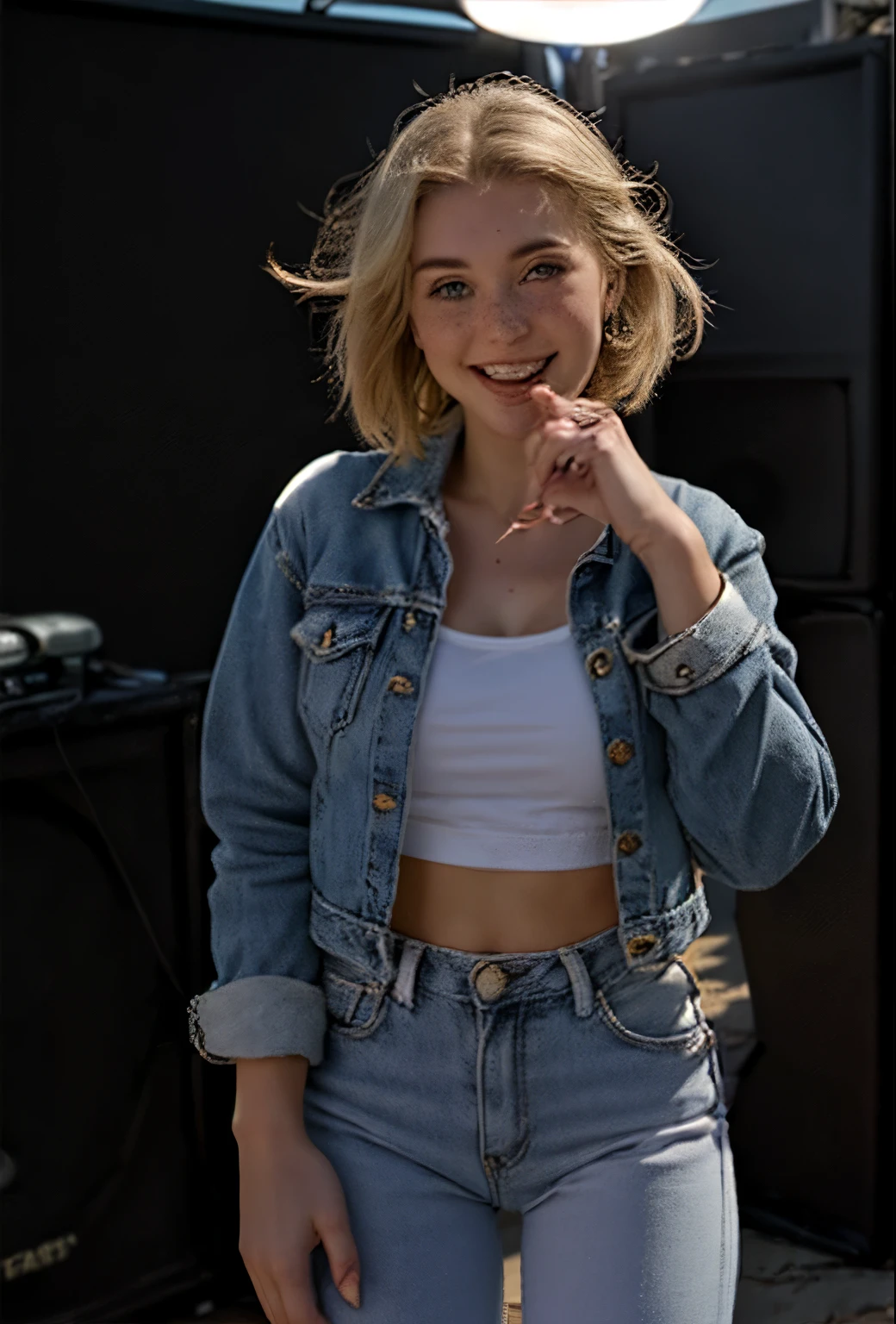 A 21-year-old girl named Kate with short blonde hair, very nice medium-sized breasts, and a height of 1.60 meters, has a white British style. Kate is beautiful, with an angelic face and light freckles around her nose. Kate is wearing light blue jeans with a light denim jacket and a plain white shirt underneath. Kate is wearing light-colored All Star sneakers. She is standing with a music recording studio in the background, equipped with a guitar, an electric guitar, a mixing console, and all the equipment typical of a recording studio. Kate is standing with a microphone near her mouth as if she is singing, posing for a photo for the marketing of her new song. Kate looks happy.